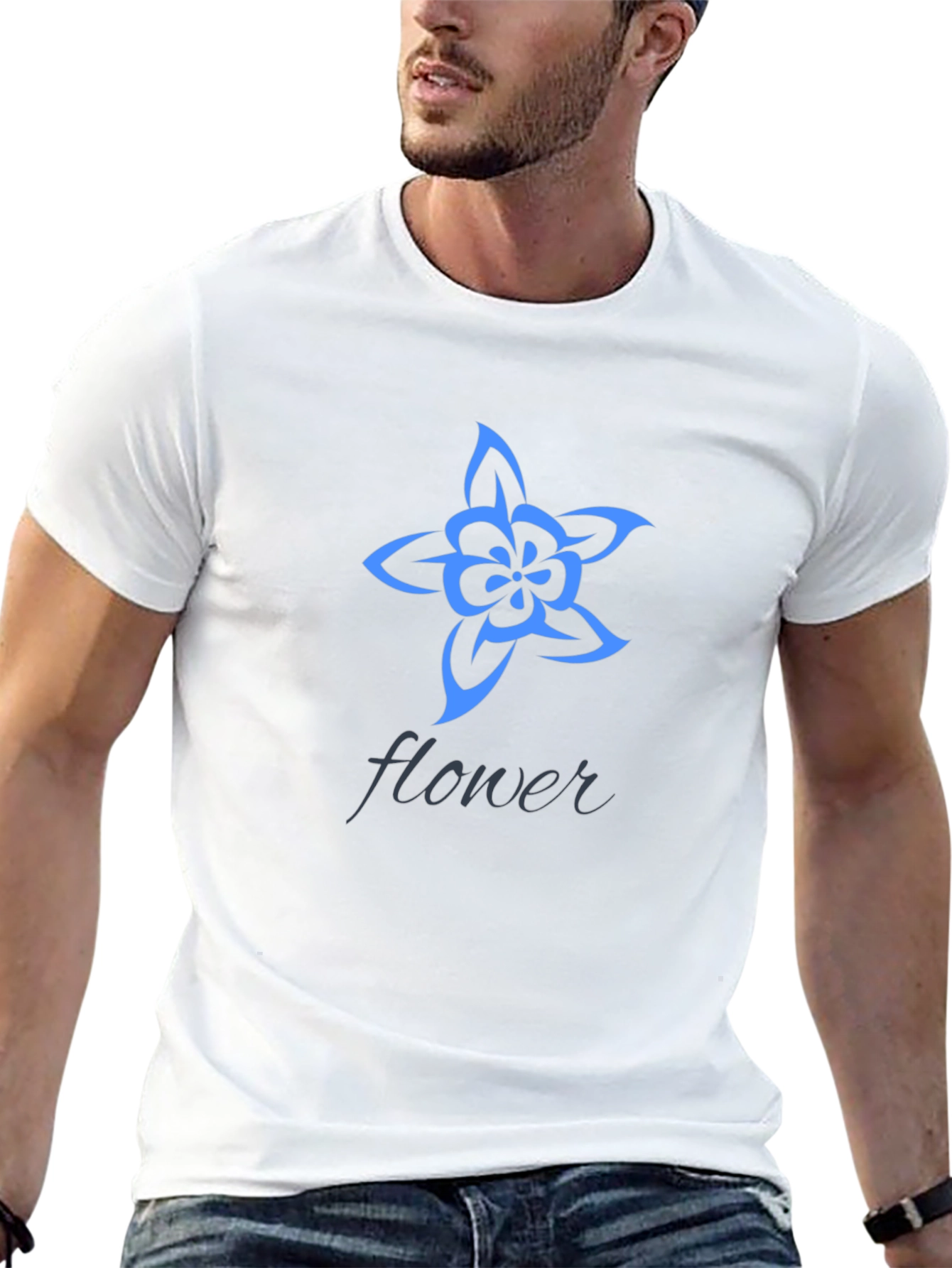Stylish Black T-Shirt with Blue Flower Design
