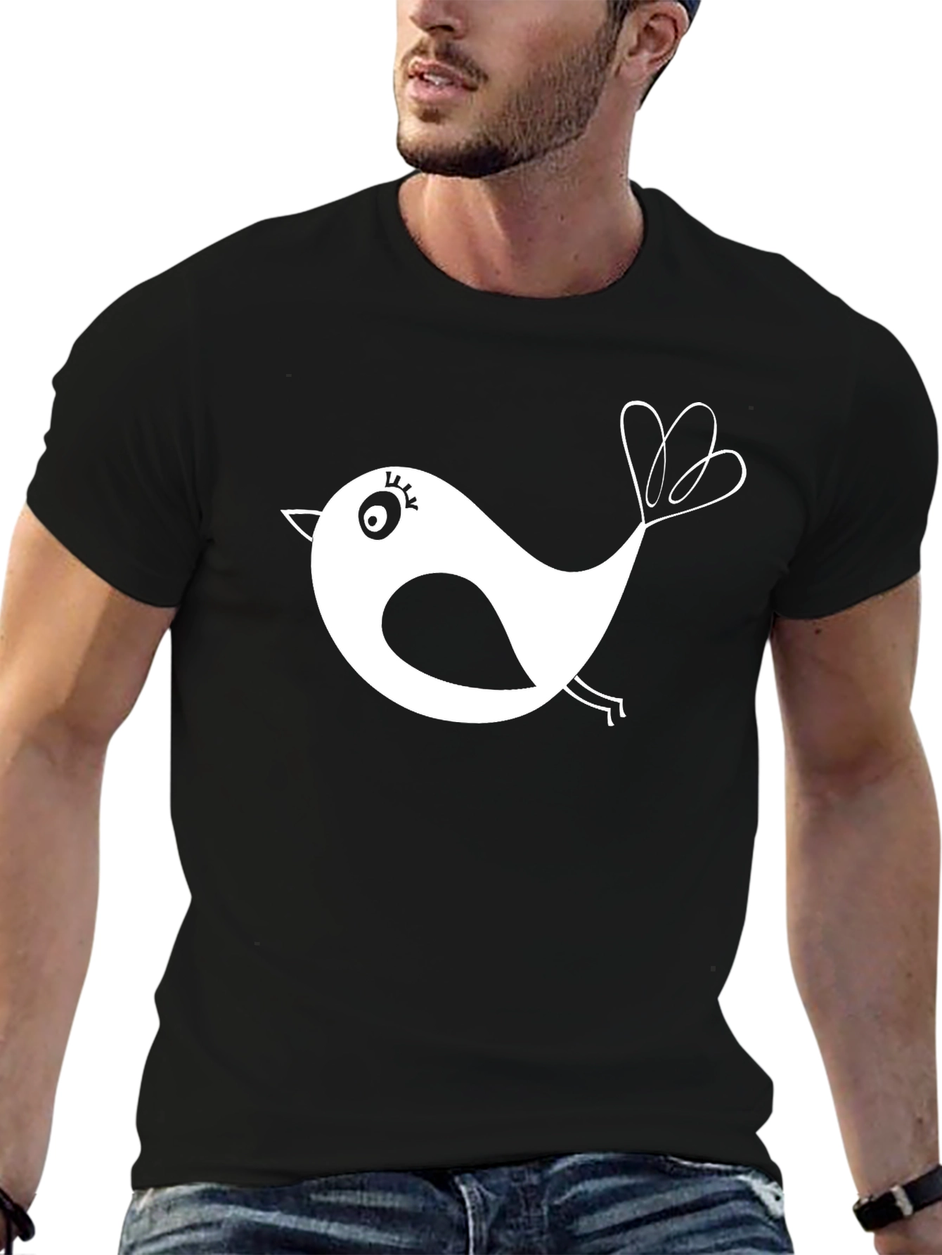 Black T-Shirt with Whimsical Bird Design