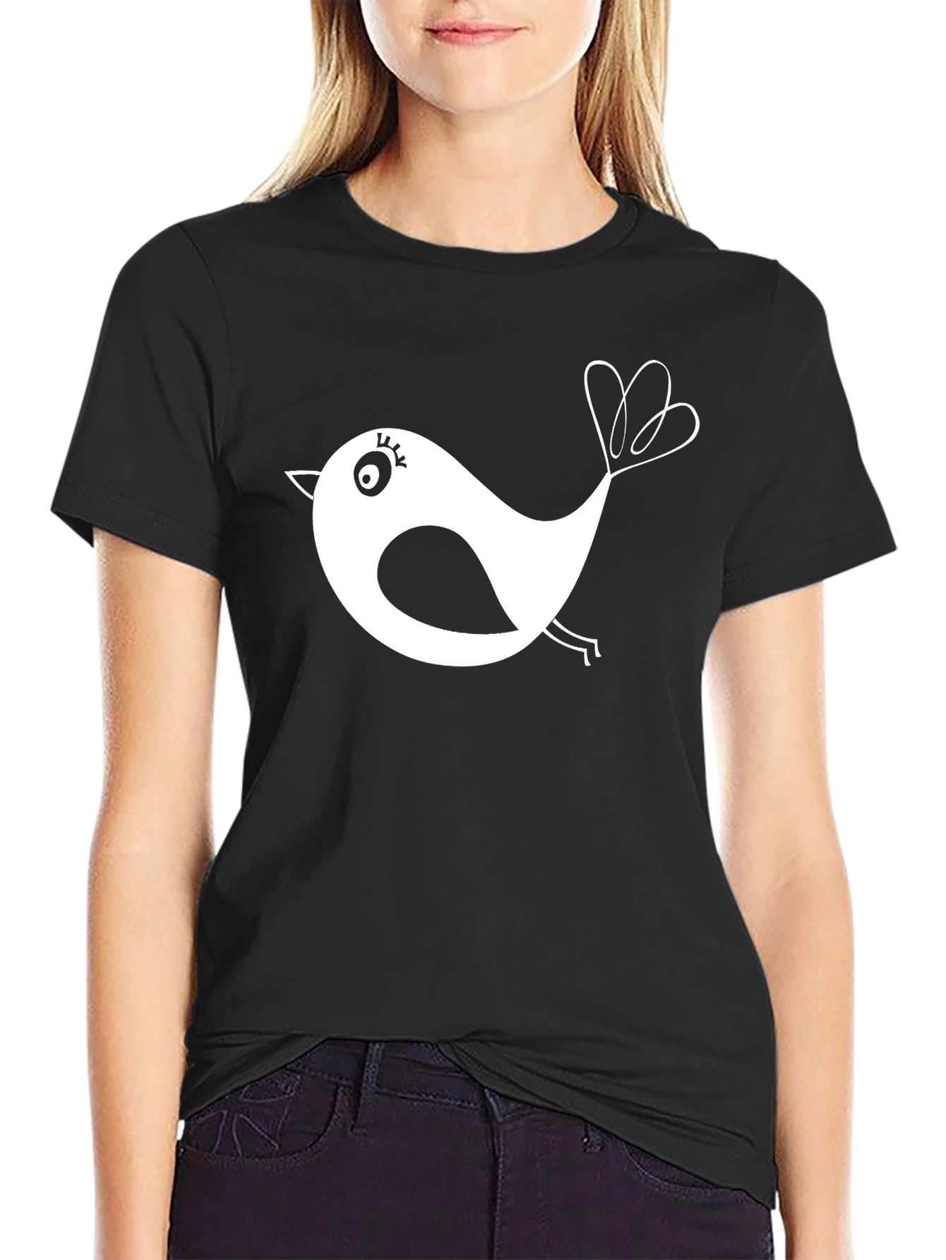 Black T-Shirt with Whimsical Bird Design