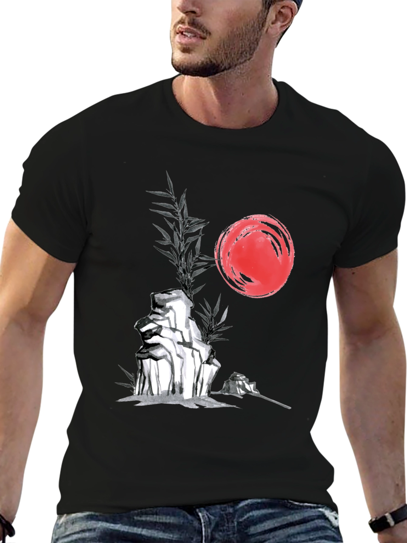 Zen Garden T-Shirt: Red Sun Rocks Bamboo