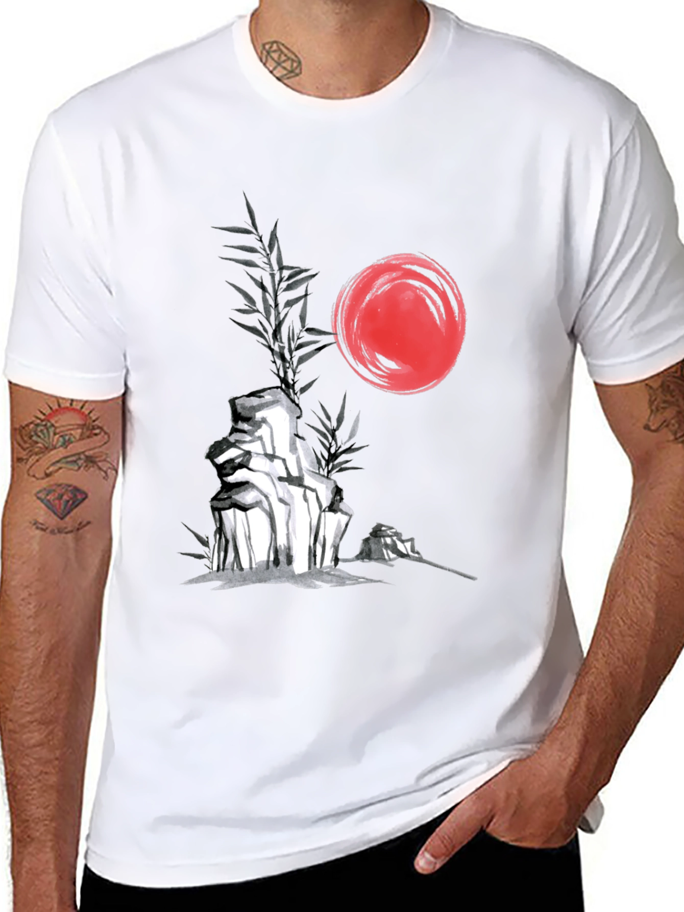 Zen Garden T-Shirt: Red Sun Rocks Bamboo