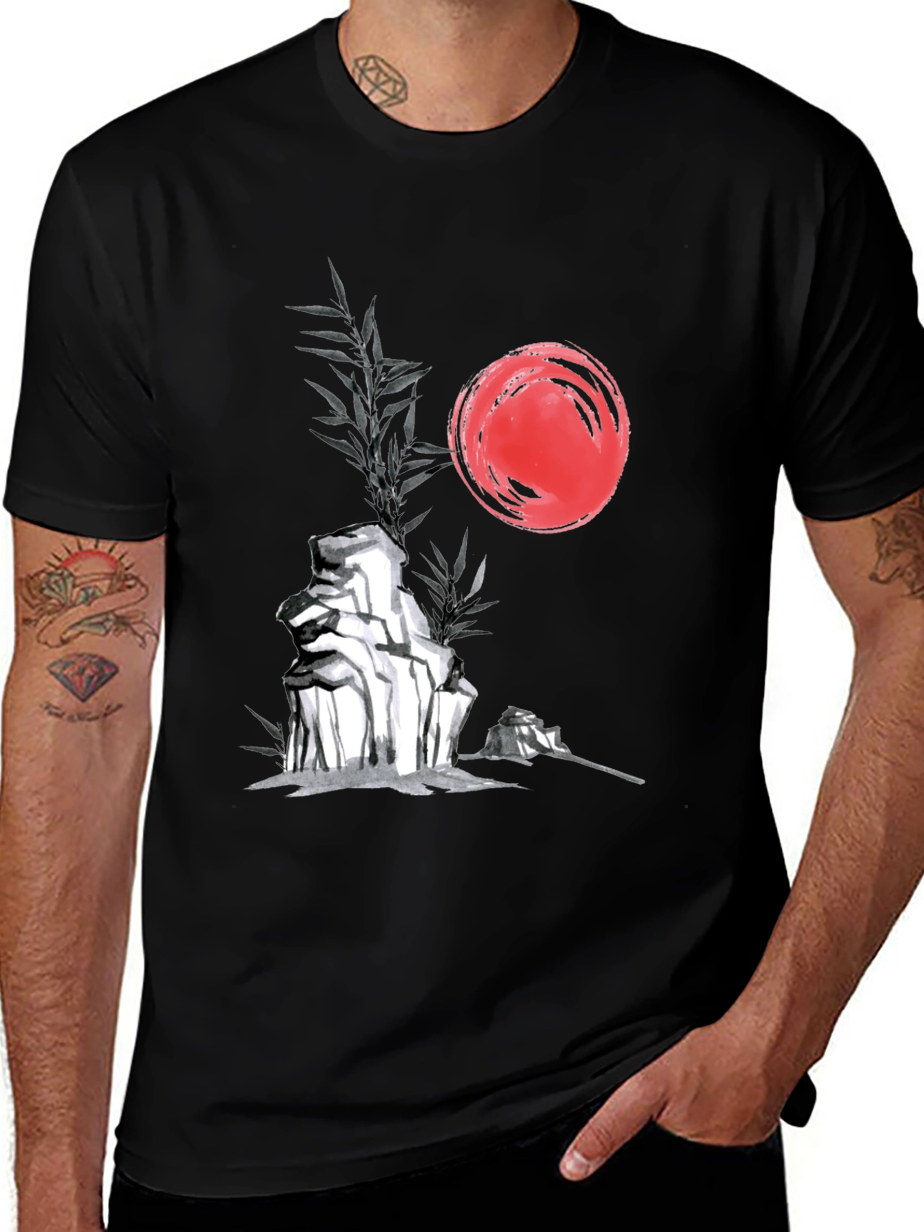 Zen Garden T-Shirt: Red Sun Rocks Bamboo