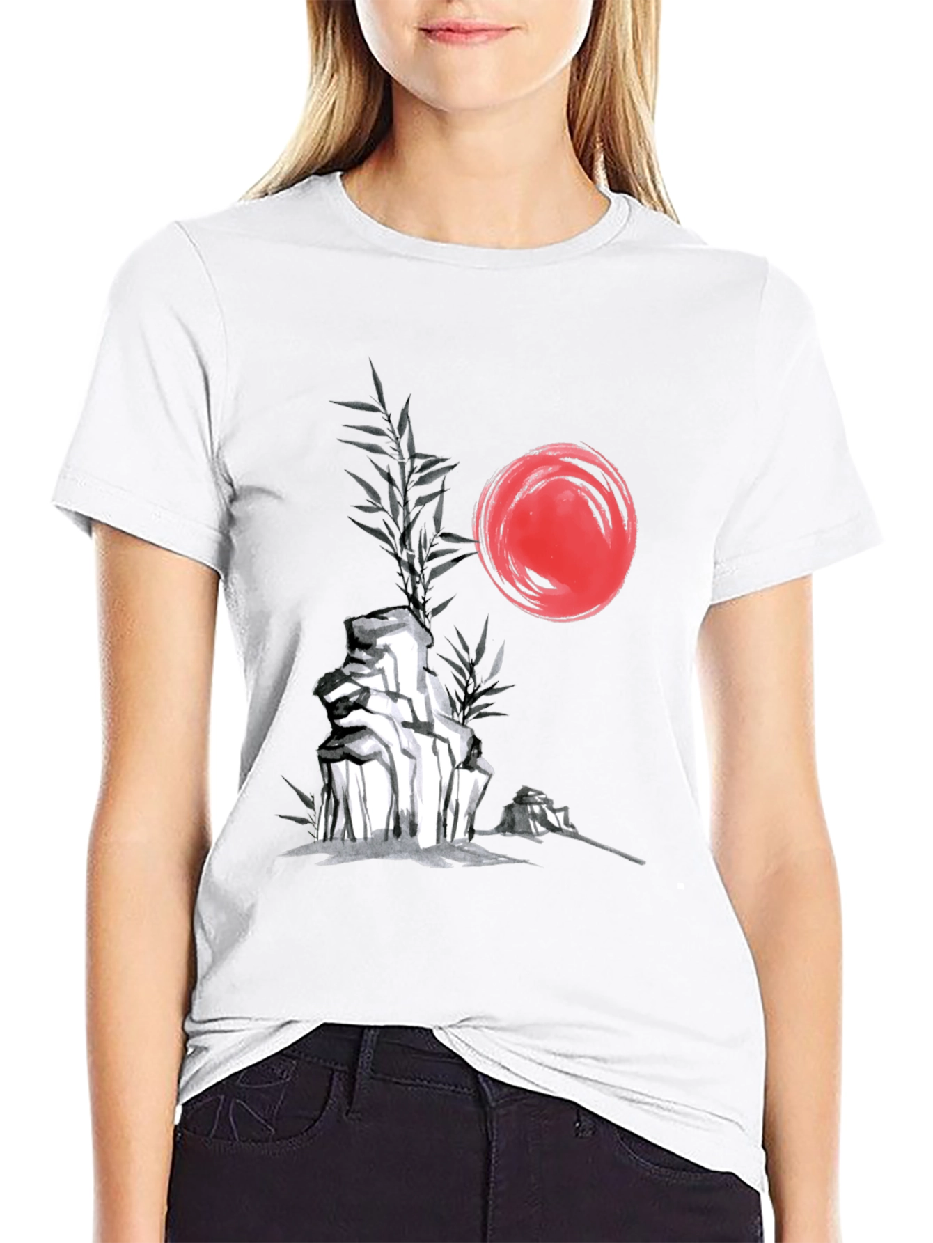 Zen Garden T-Shirt: Red Sun Rocks Bamboo