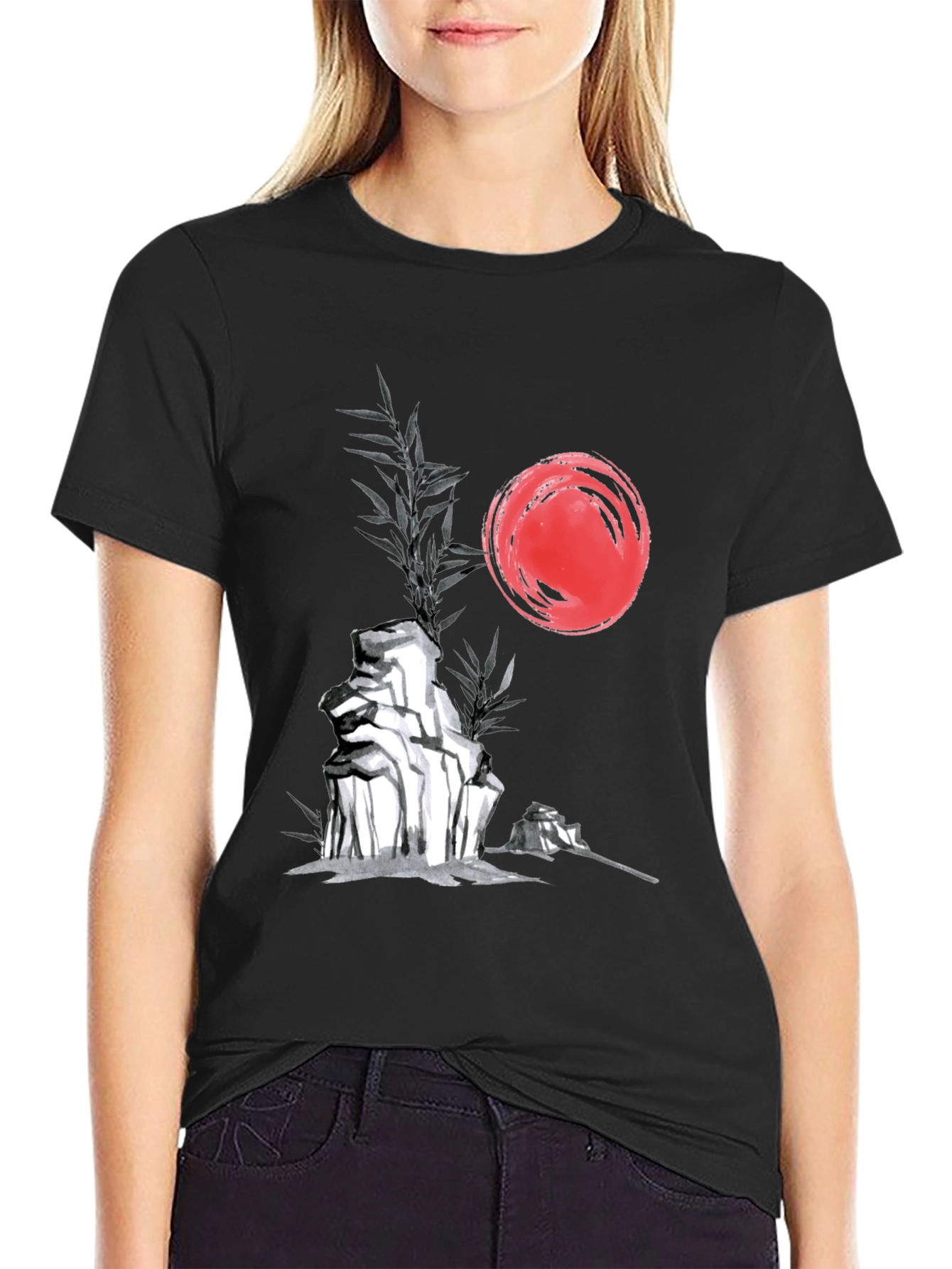 Zen Garden T-Shirt: Red Sun Rocks Bamboo