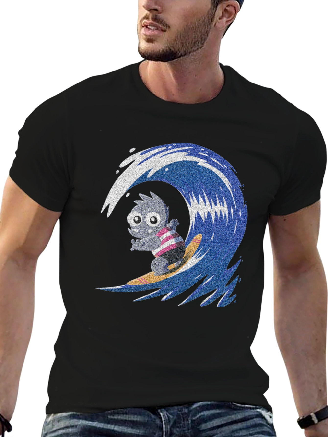 Surfing Monster Graphic Tee - Cool Black T-Shirt