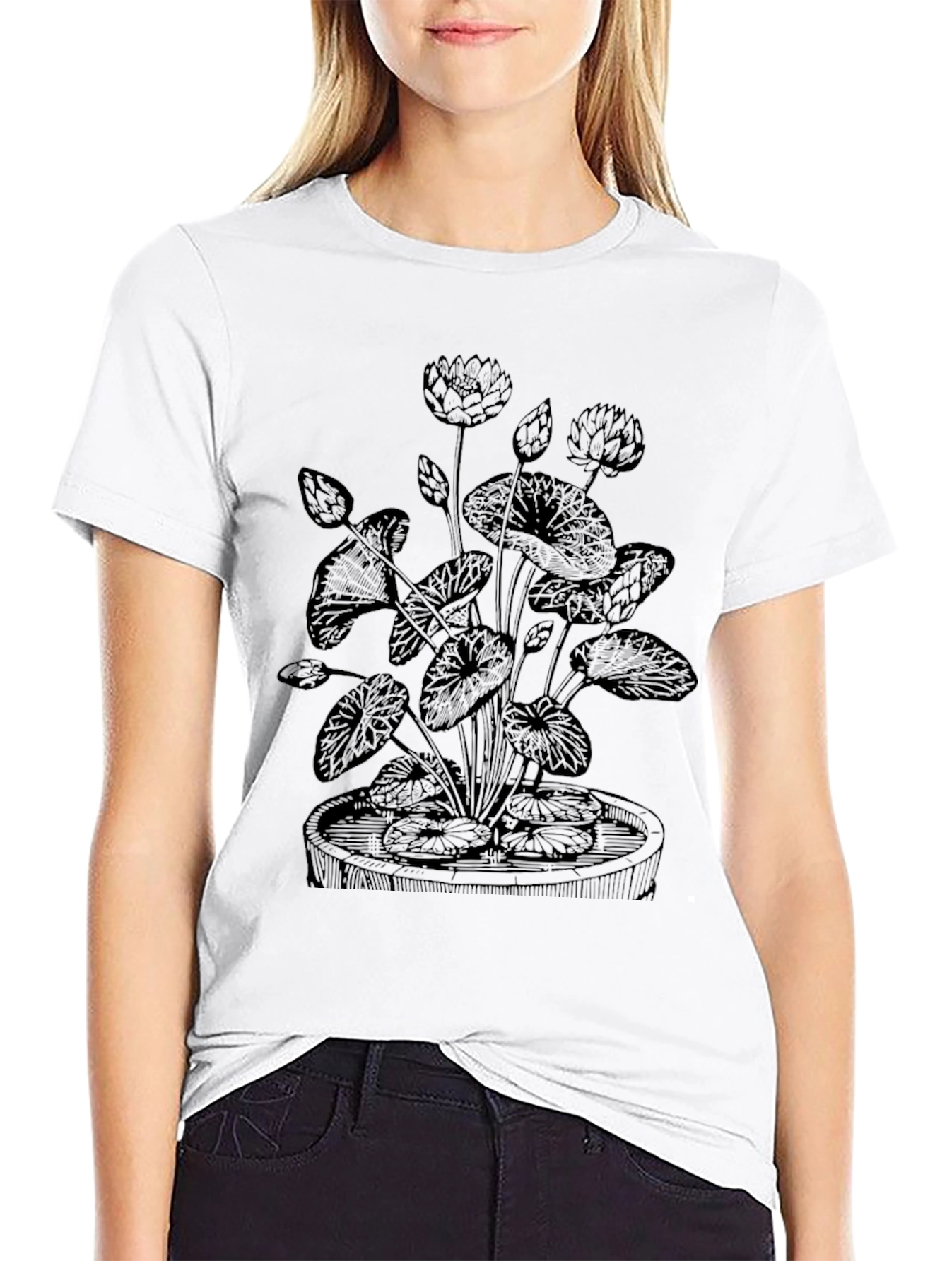 Botanical Lotus Flower Graphic Tee - Black