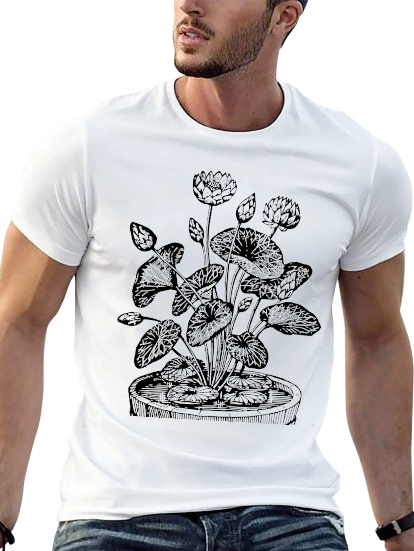 Botanical Lotus Flower Graphic Tee - Black