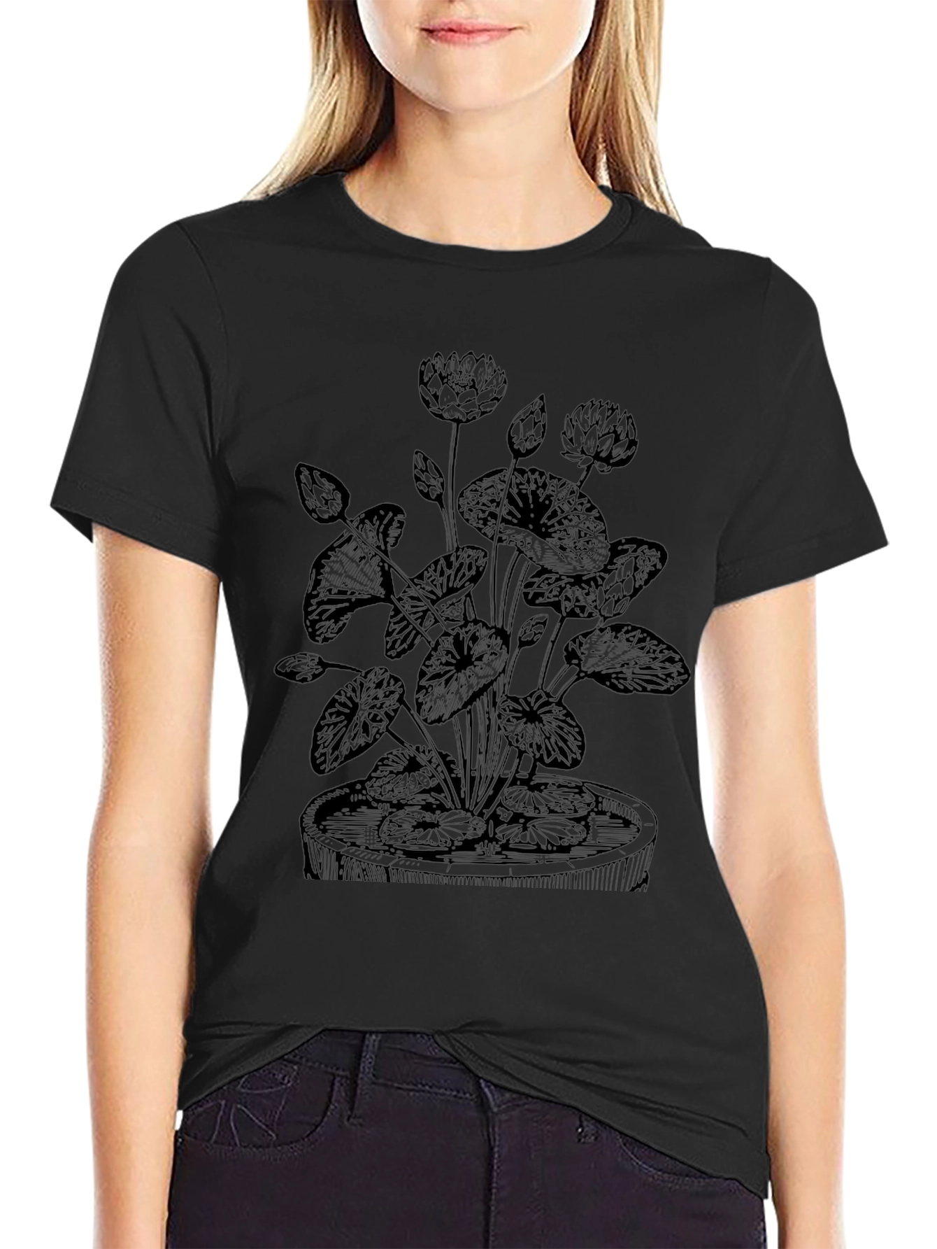 Botanical Lotus Flower Graphic Tee - Black