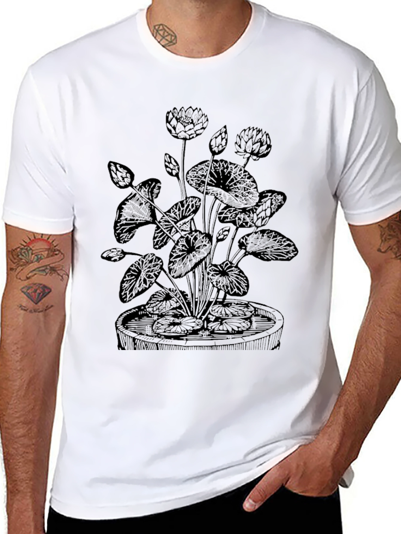 Botanical Lotus Flower Graphic Tee - Black