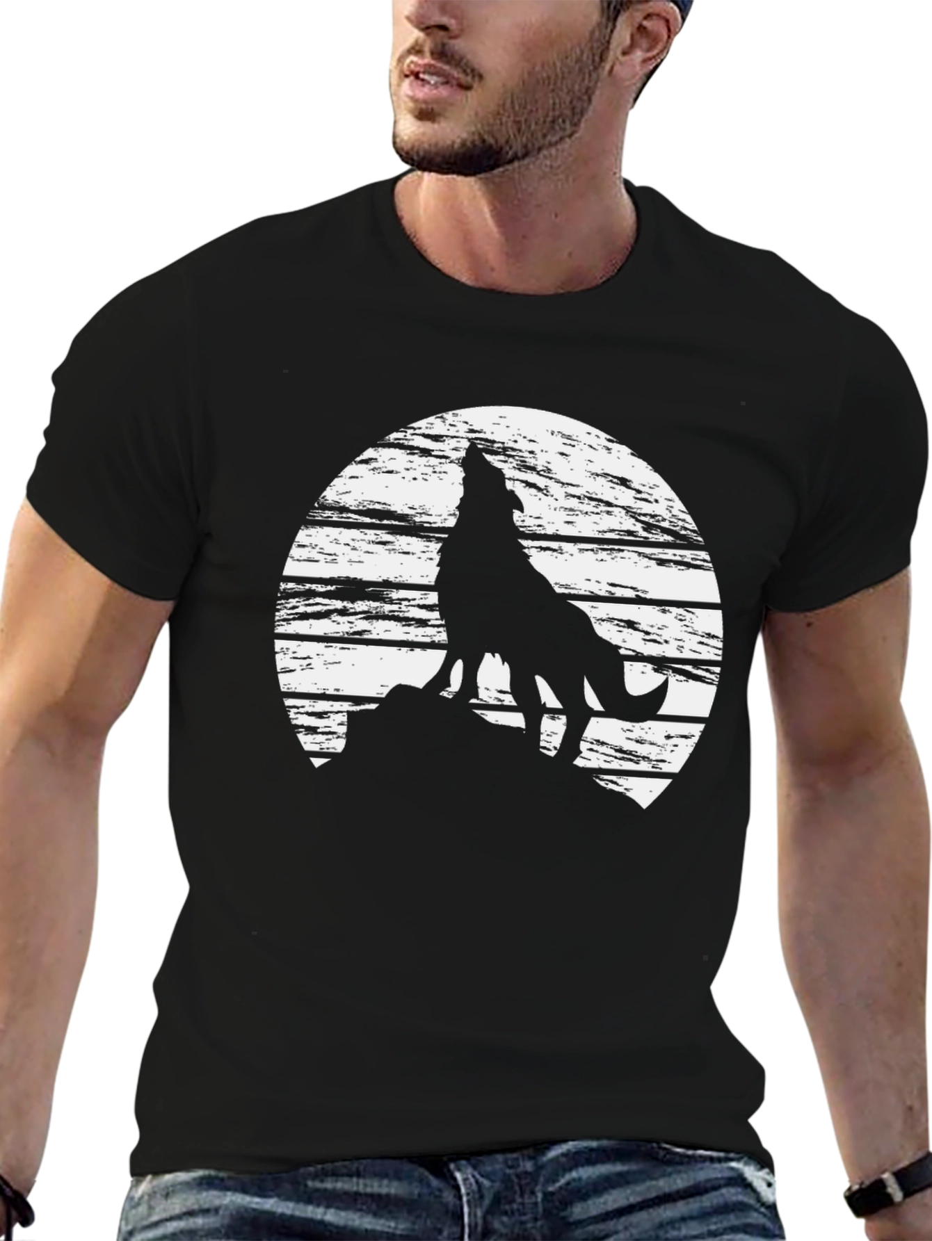 Wolf Howling Moon Graphic Tee - Mens Black T-Shirt