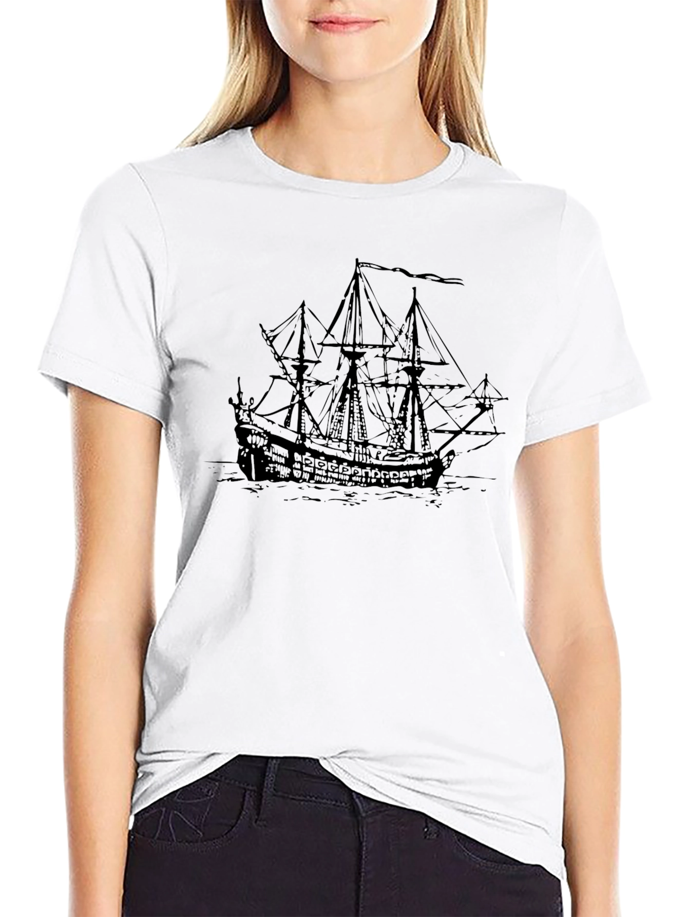 Black Pirate Ship Graphic T-Shirt
