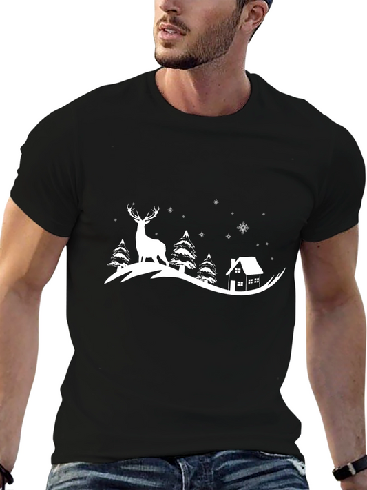 Winter Deer Cabin Graphic T-Shirt