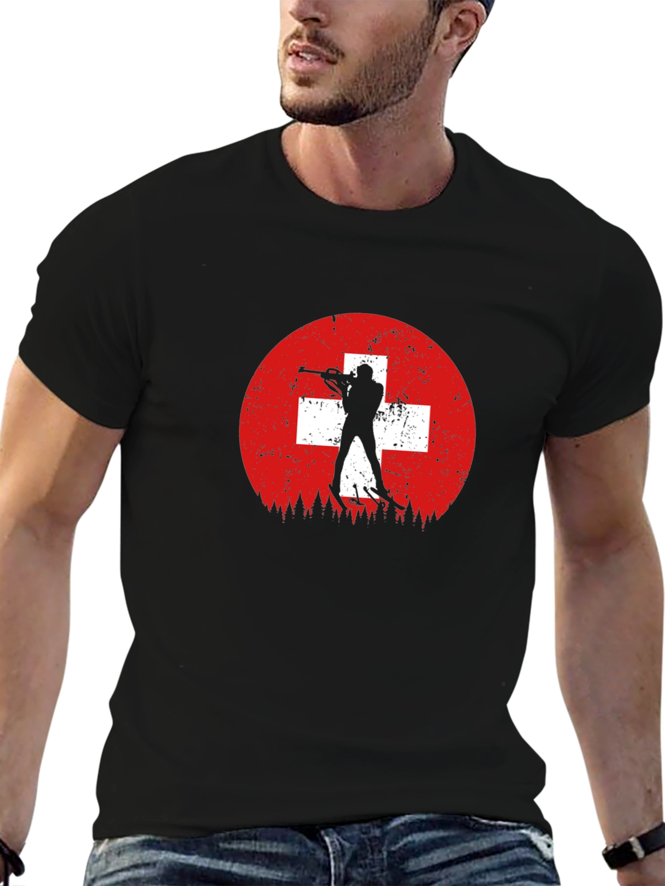 Biathlon Swiss Flag Mens Black T-Shirt