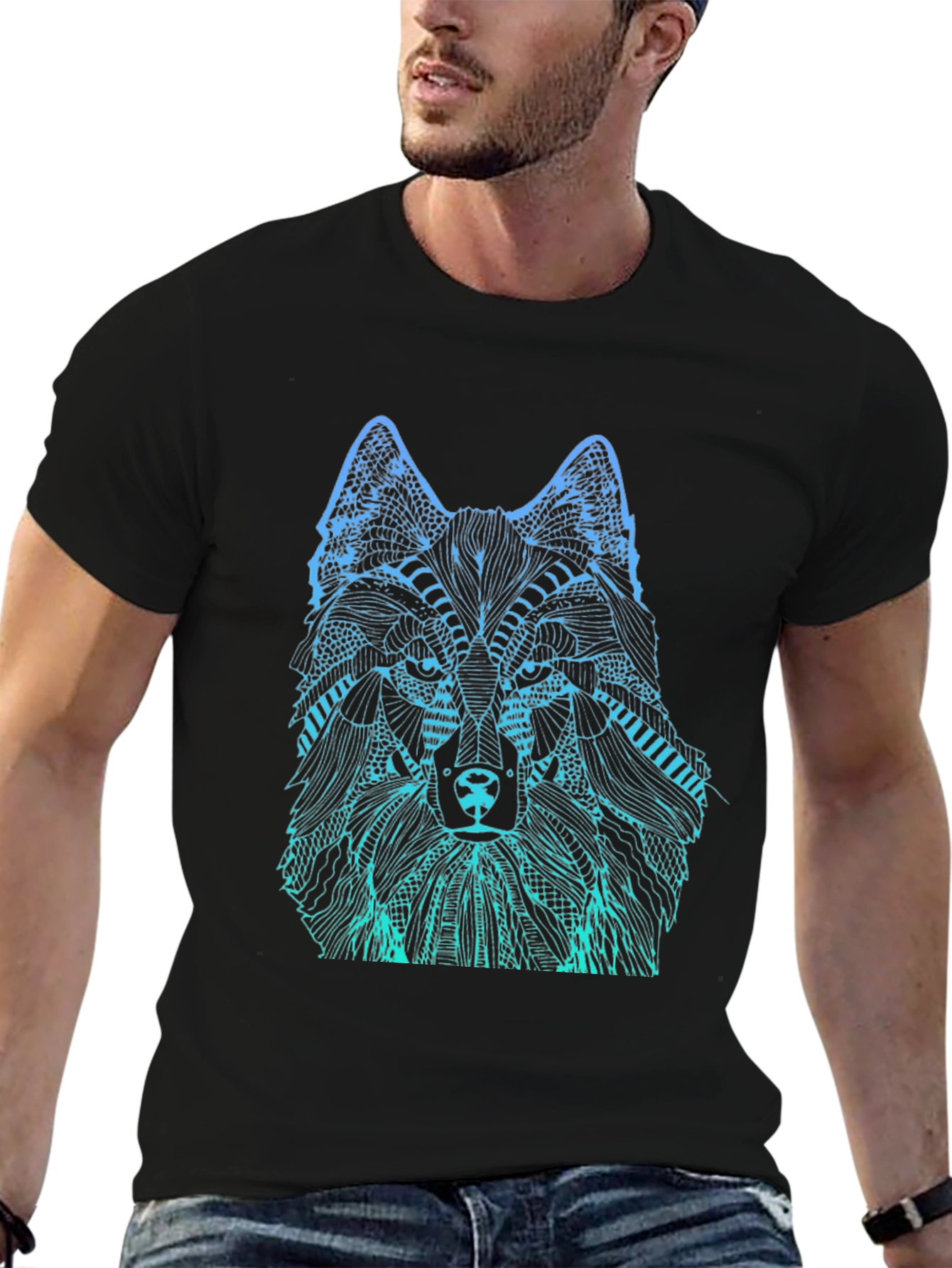 Wolf Graphic Print Mens Black T-Shirt