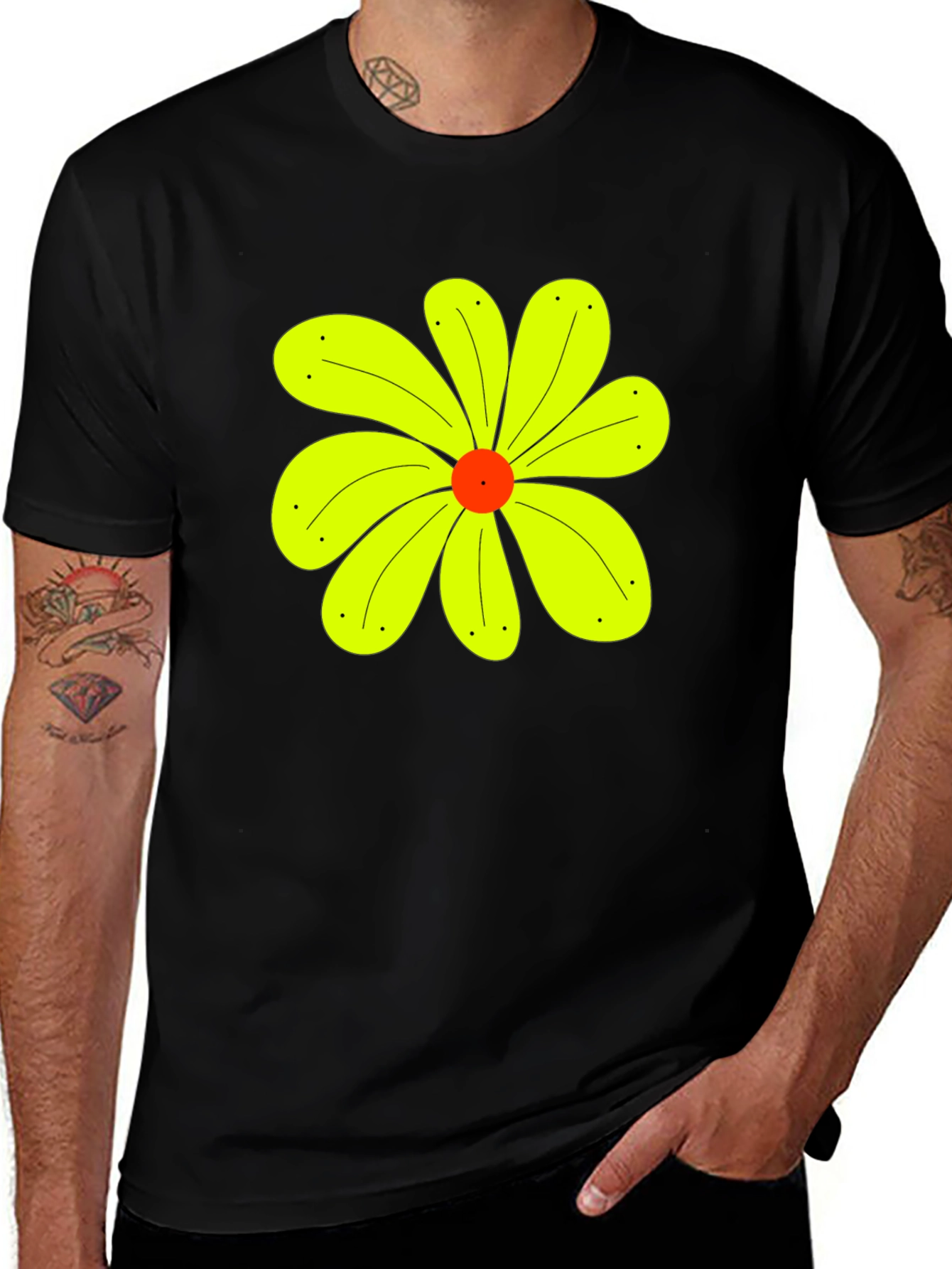 Black T-Shirt with Yellow Flower Graphic