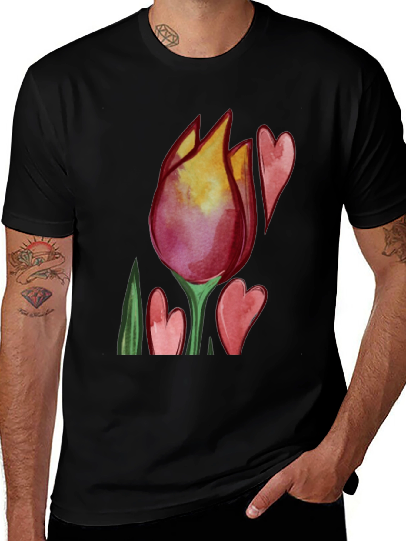 Tulip Heart Graphic Black T-Shirt