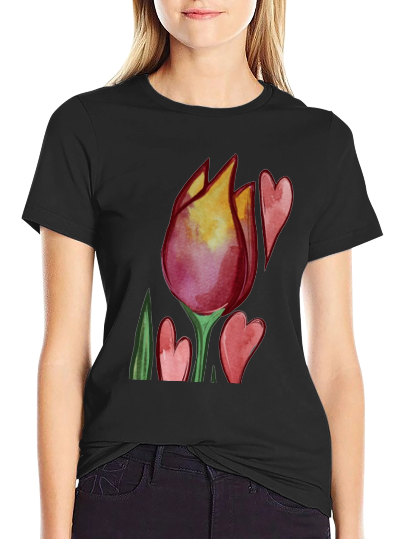 Tulip Heart Graphic Black T-Shirt