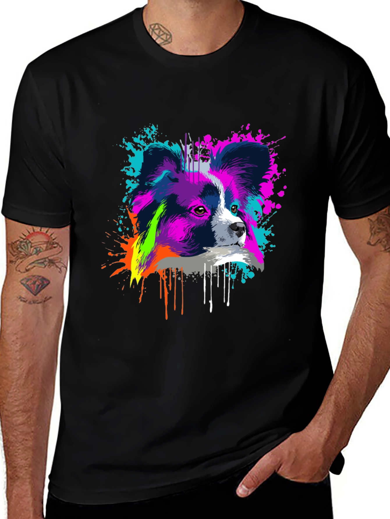Vivid Papillon Dog Print Black T-Shirt