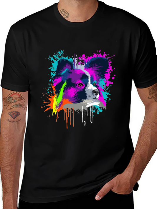 Vivid Papillon Dog Print Black T-Shirt