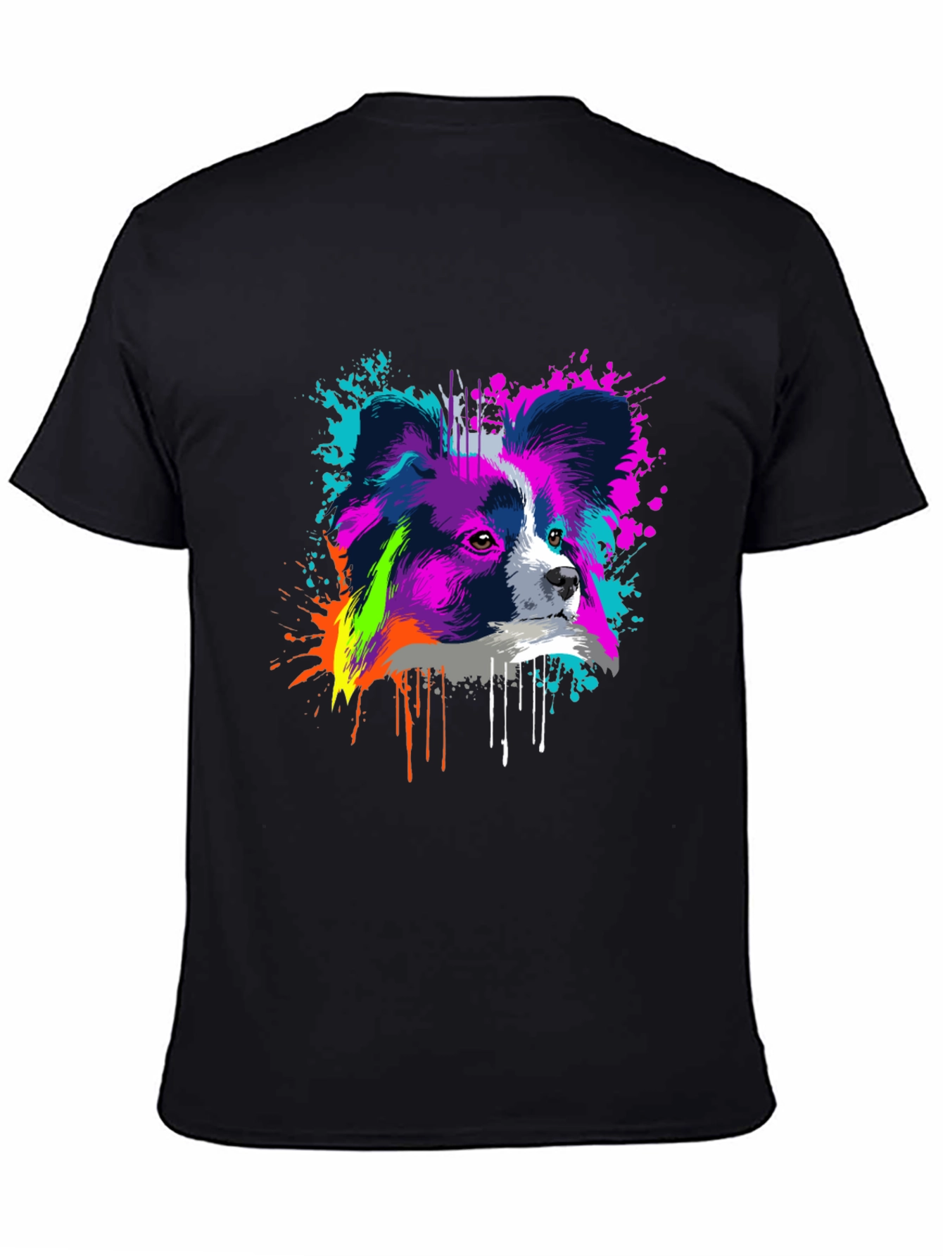 Vivid Papillon Dog Print Black T-Shirt