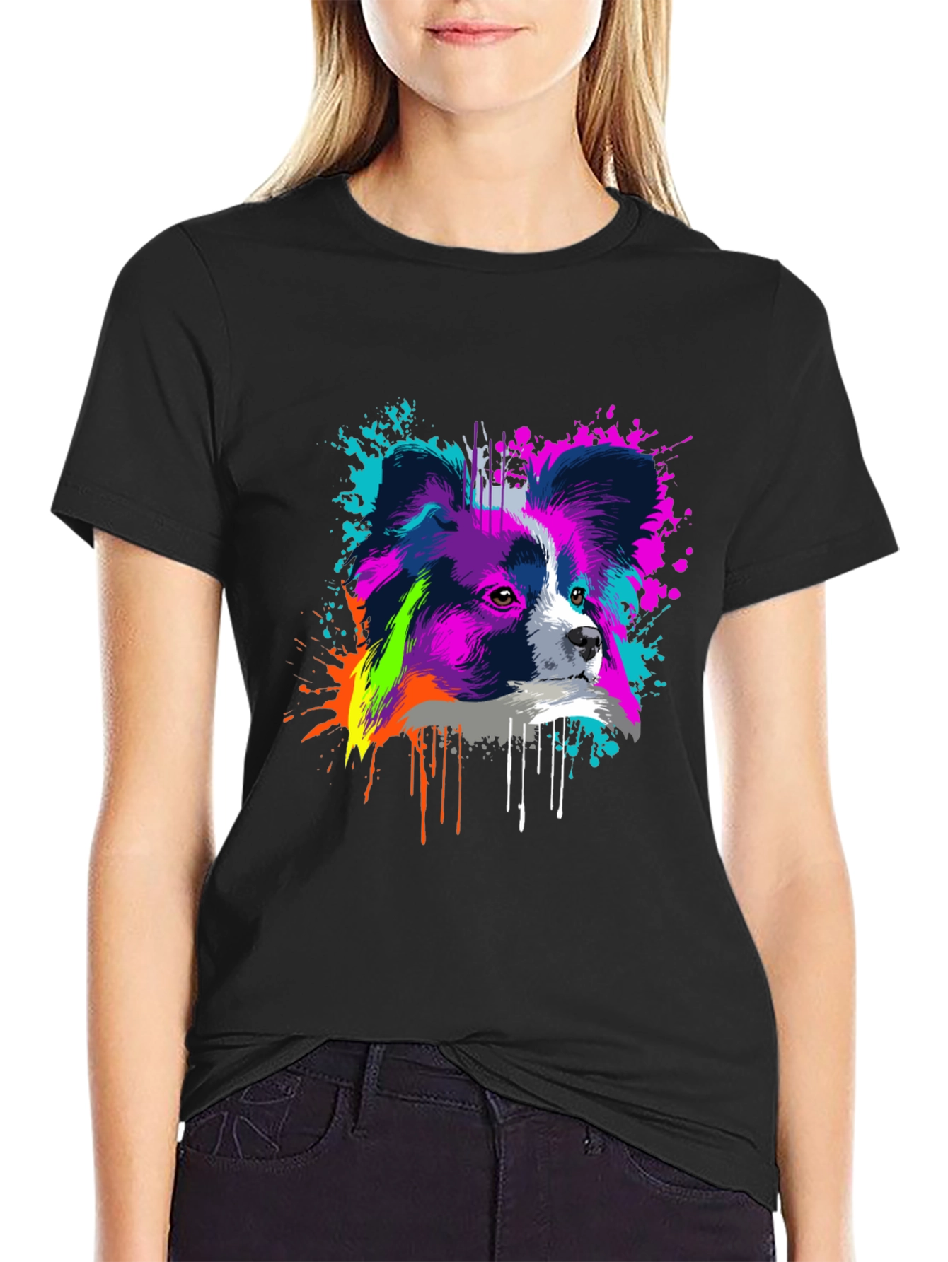 Vivid Papillon Dog Print Black T-Shirt