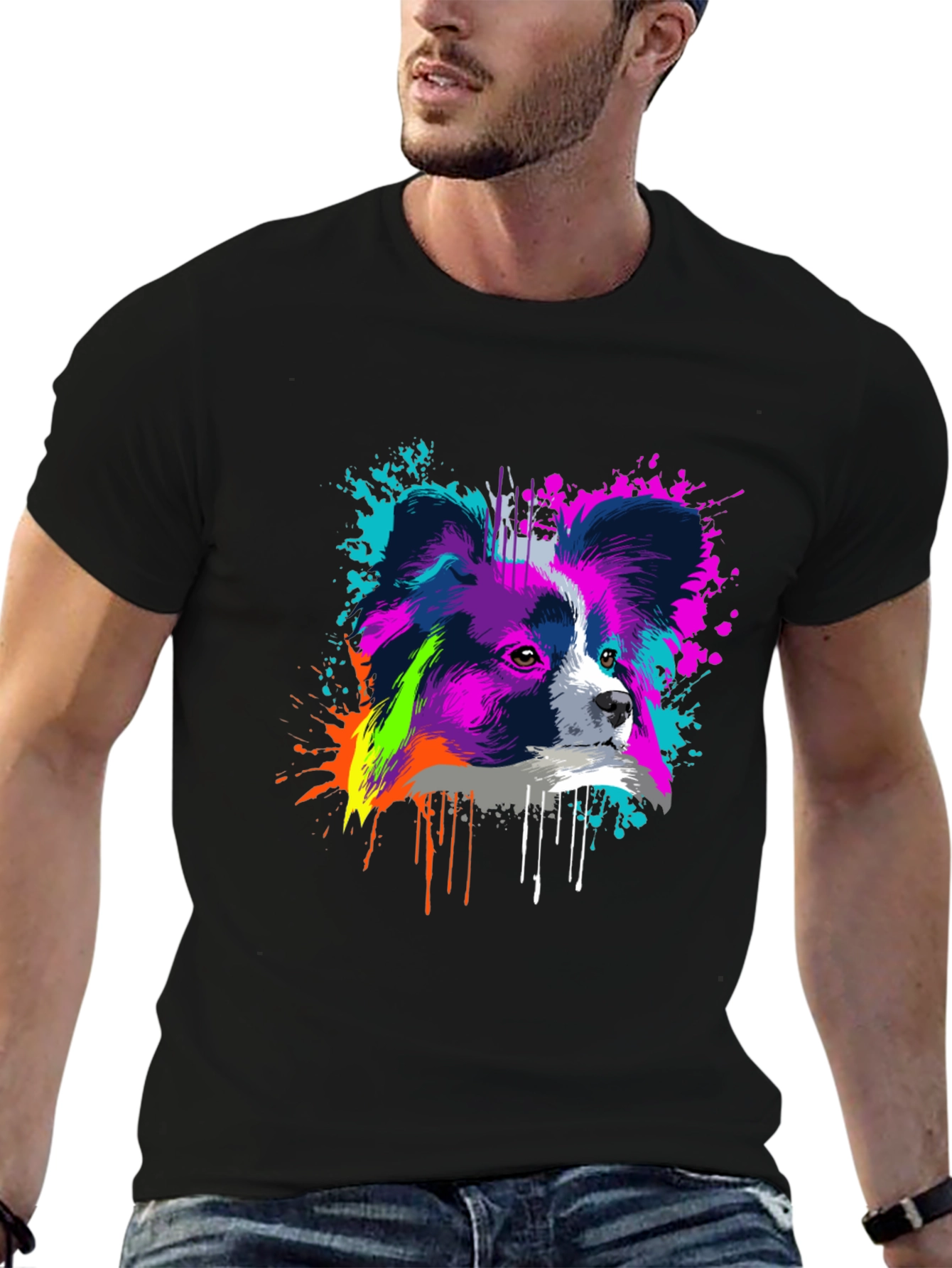 Vivid Papillon Dog Print Black T-Shirt