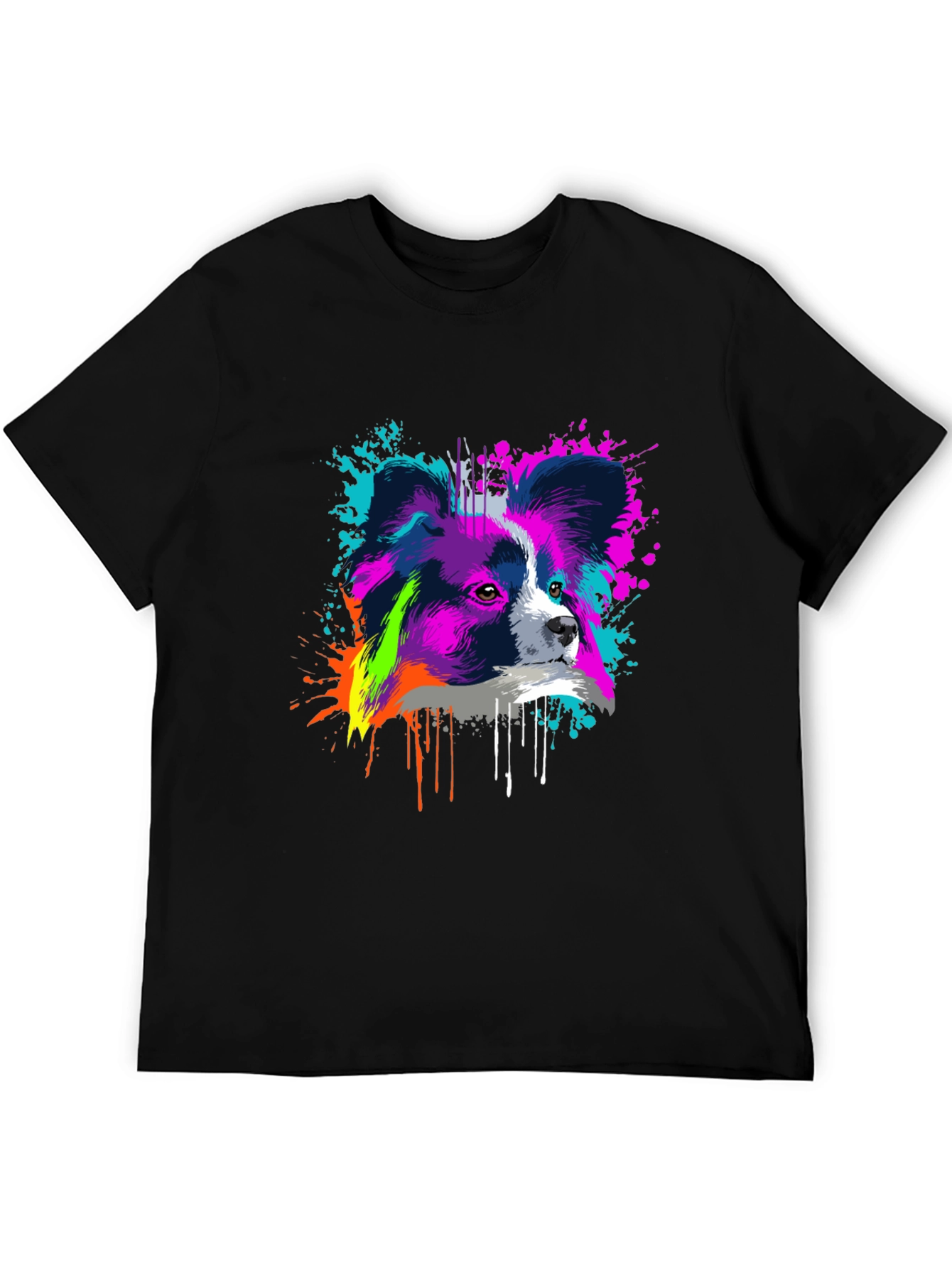 Vivid Papillon Dog Print Black T-Shirt