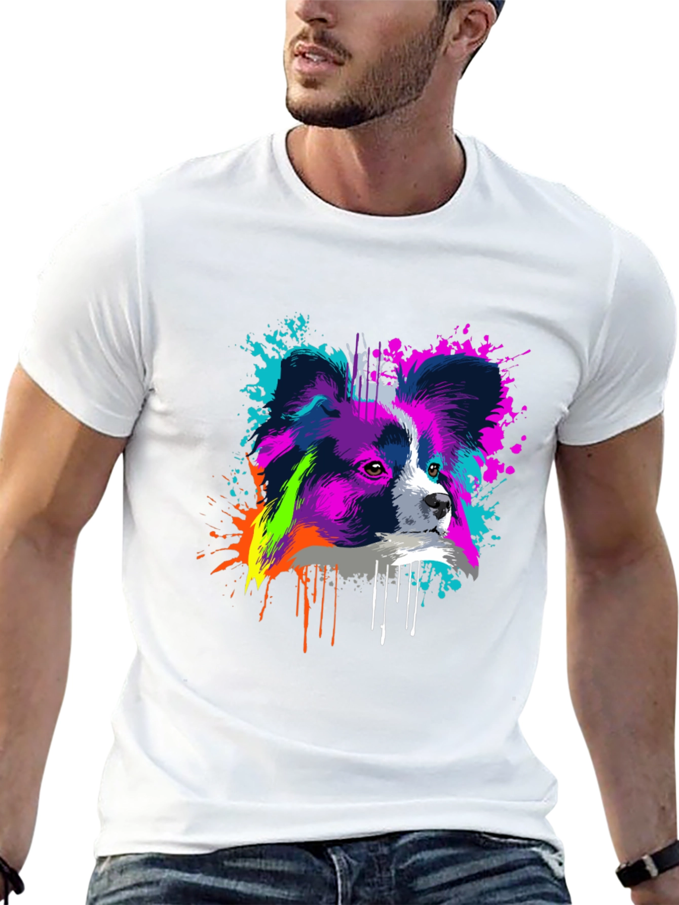 Vivid Papillon Dog Print Black T-Shirt