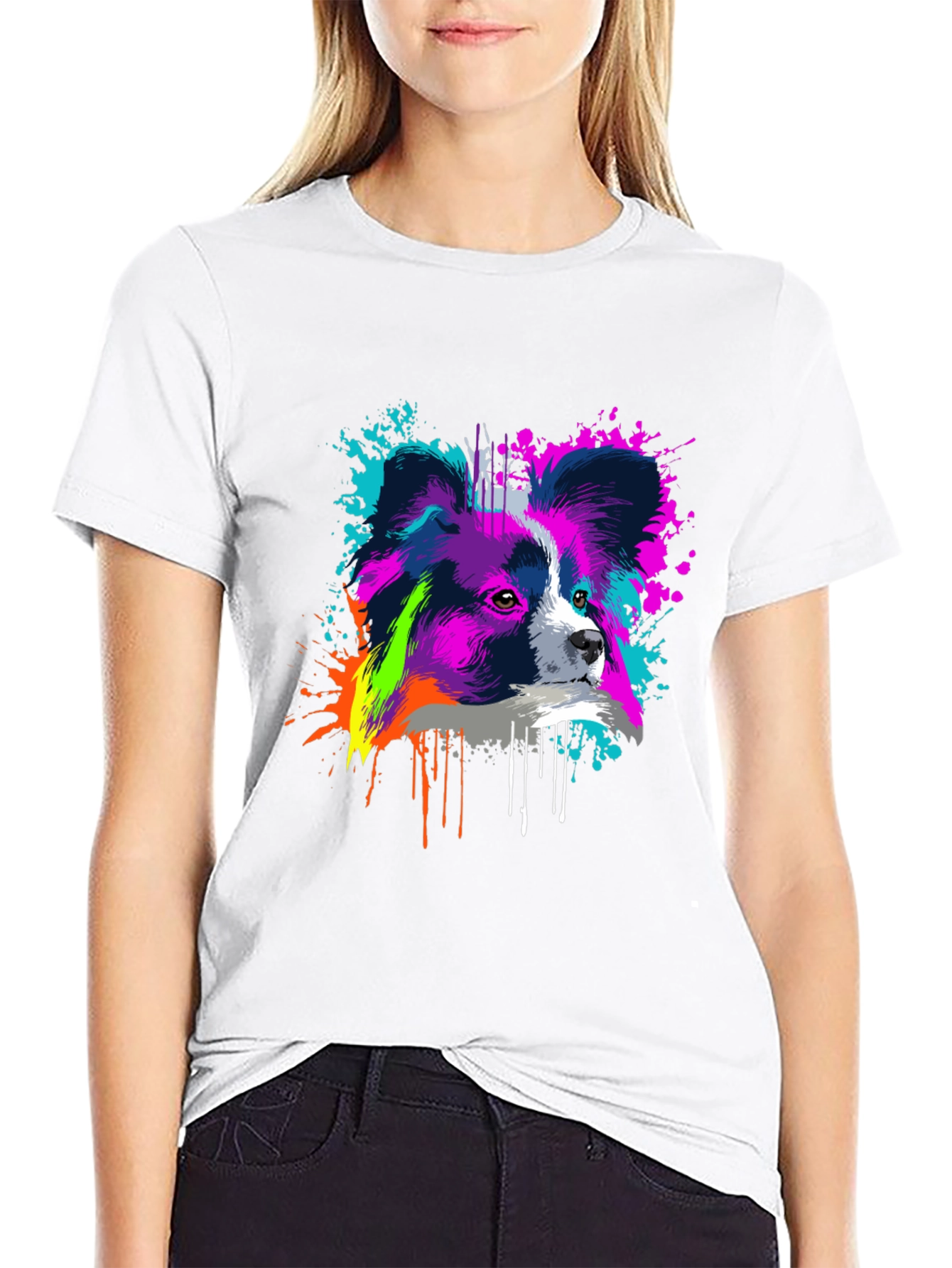 Vivid Papillon Dog Print Black T-Shirt