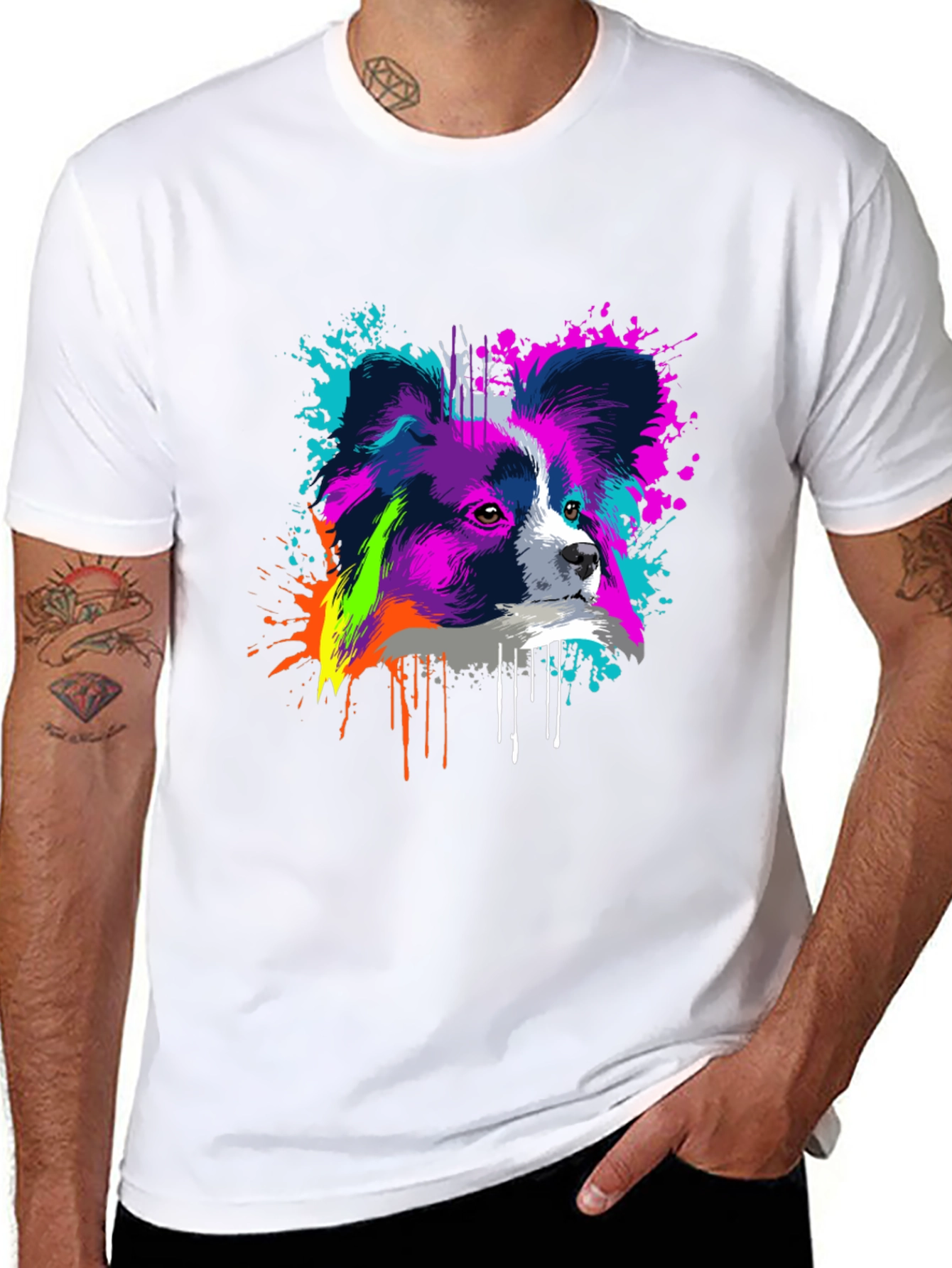 Vivid Papillon Dog Print Black T-Shirt