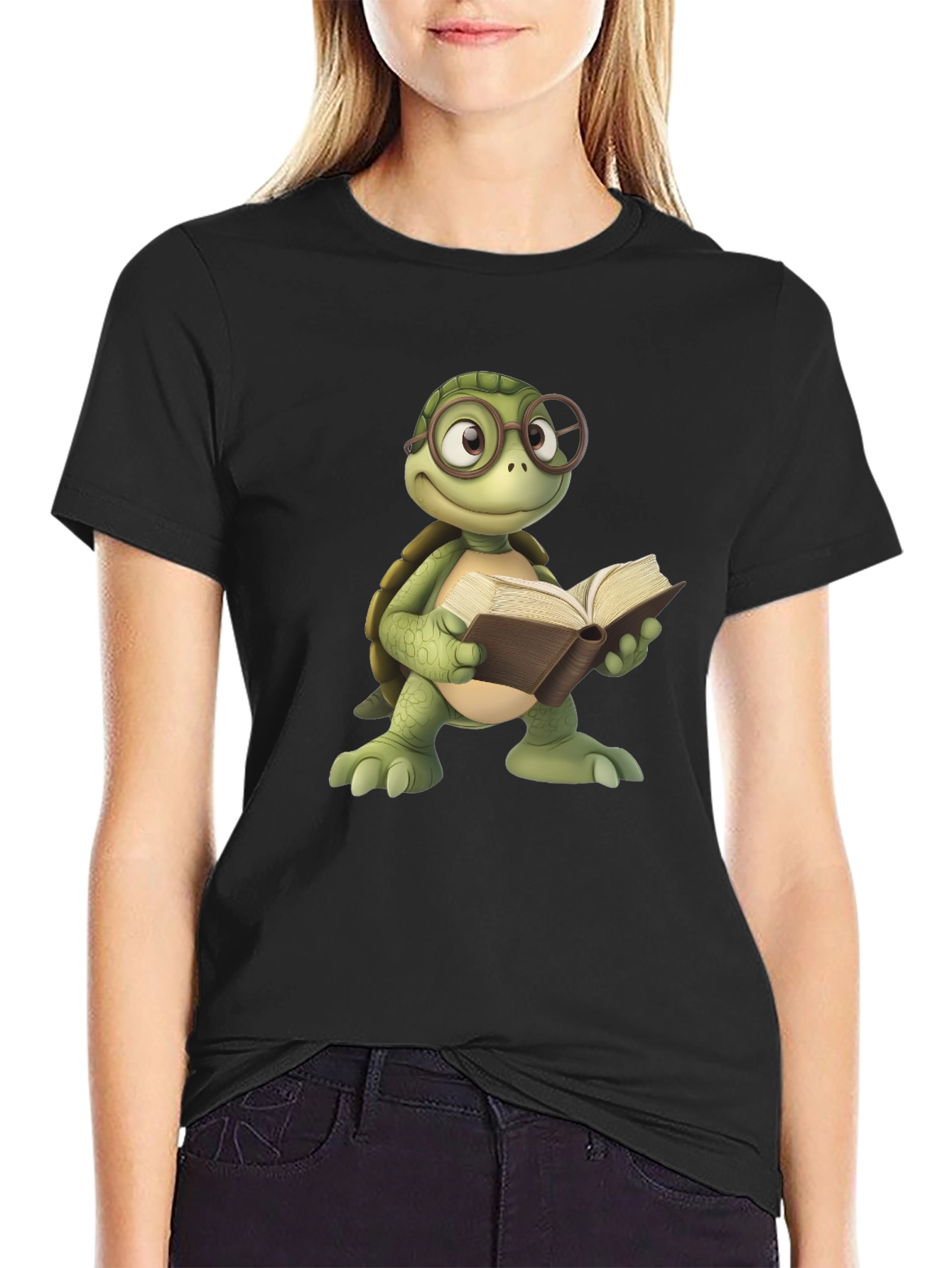 Bookish Turtle Graphic Tee - Black Cotton T-Shirt