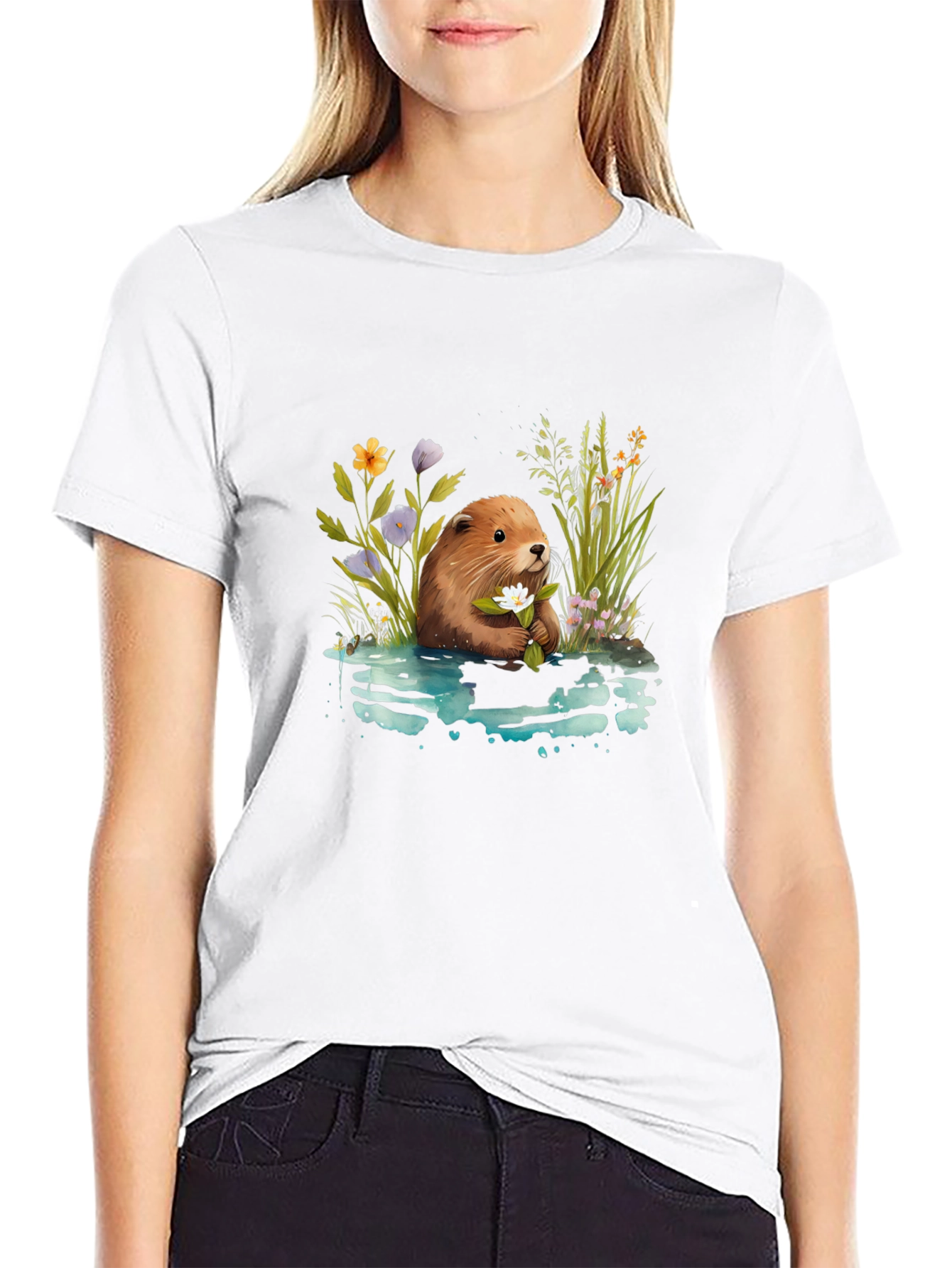 Beaver with Flowers Graphic T-Shirt