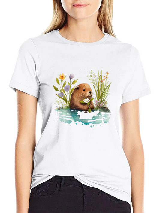Beaver with Flowers Graphic T-Shirt