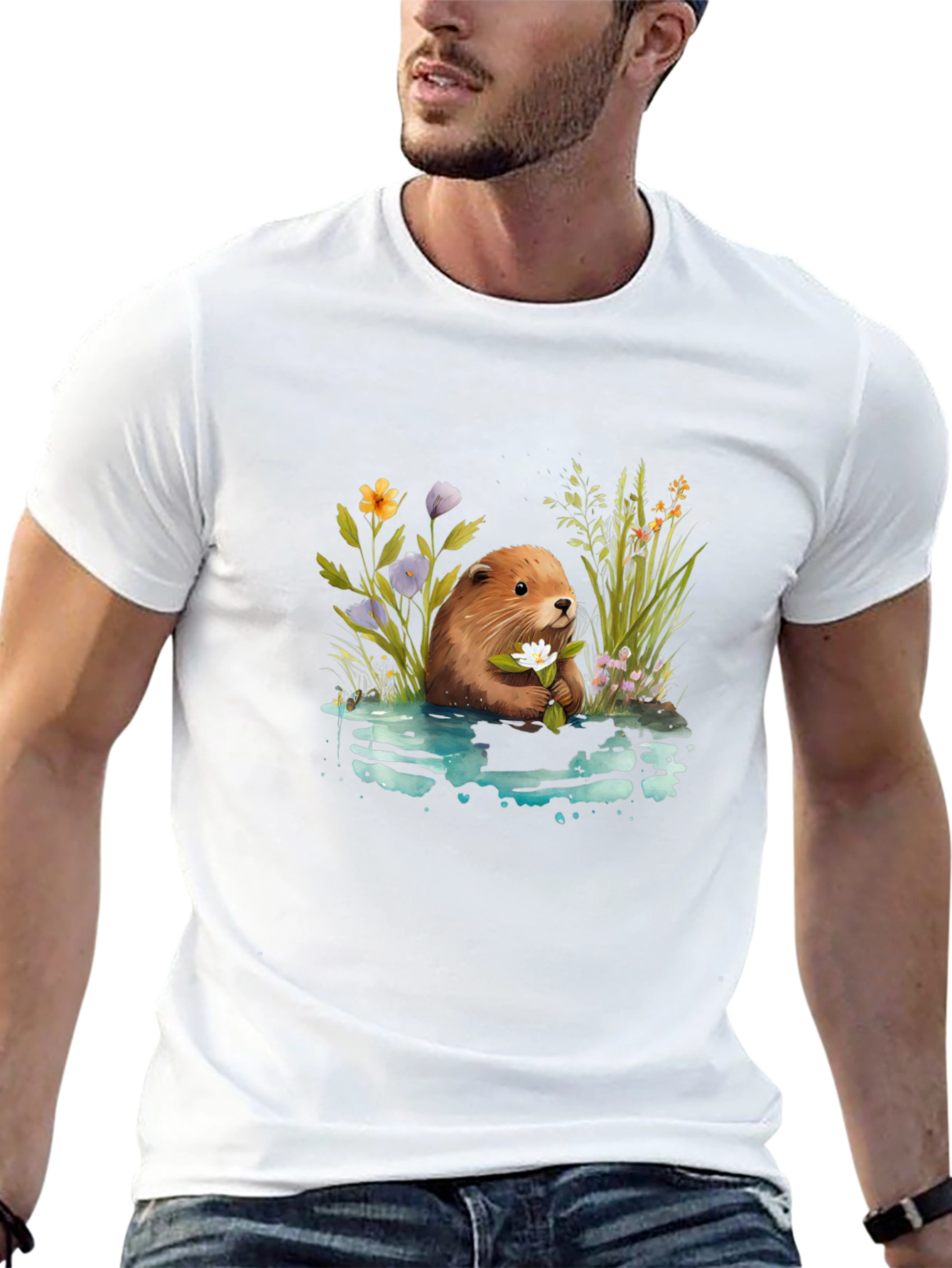 Beaver with Flowers Graphic T-Shirt