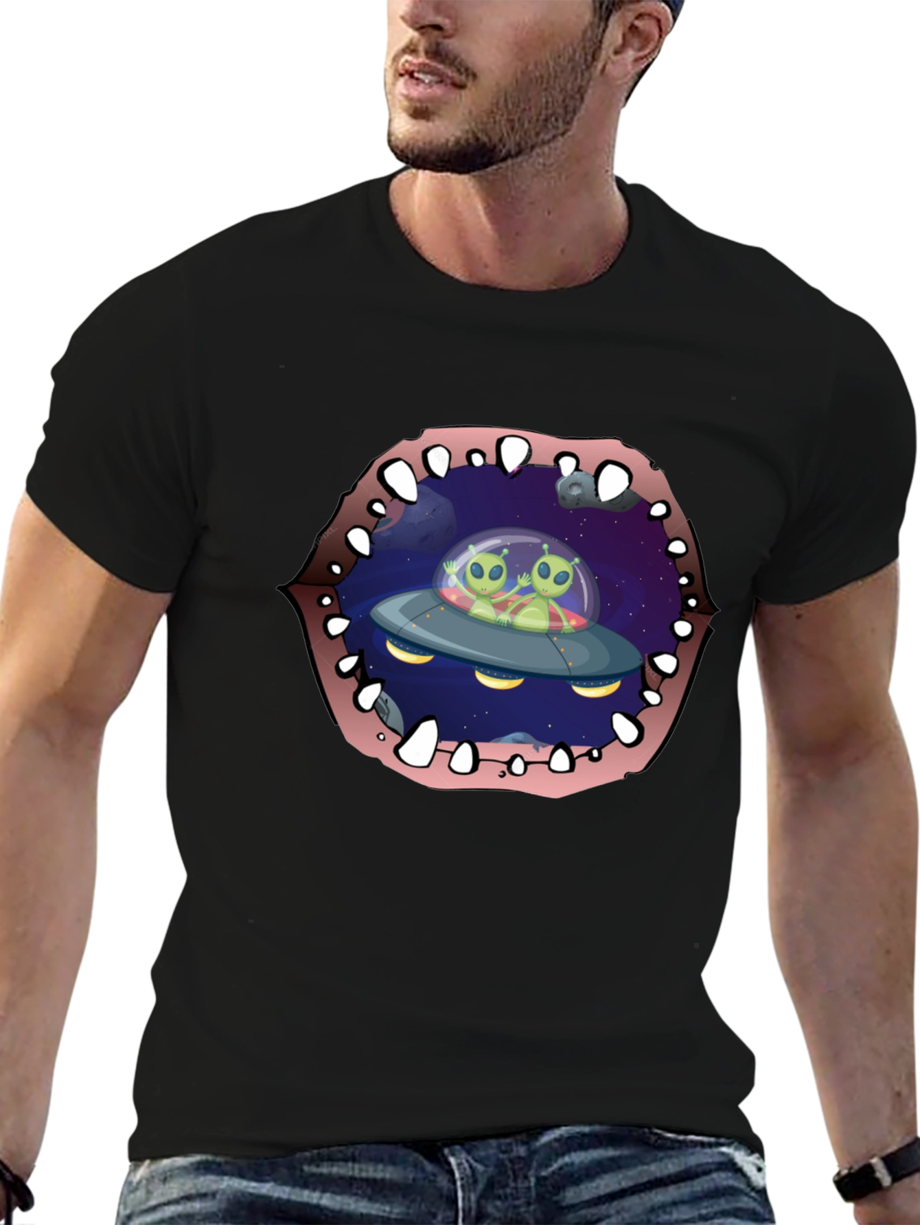Alien Abduction T-Shirt Black Cotton Crew Neck