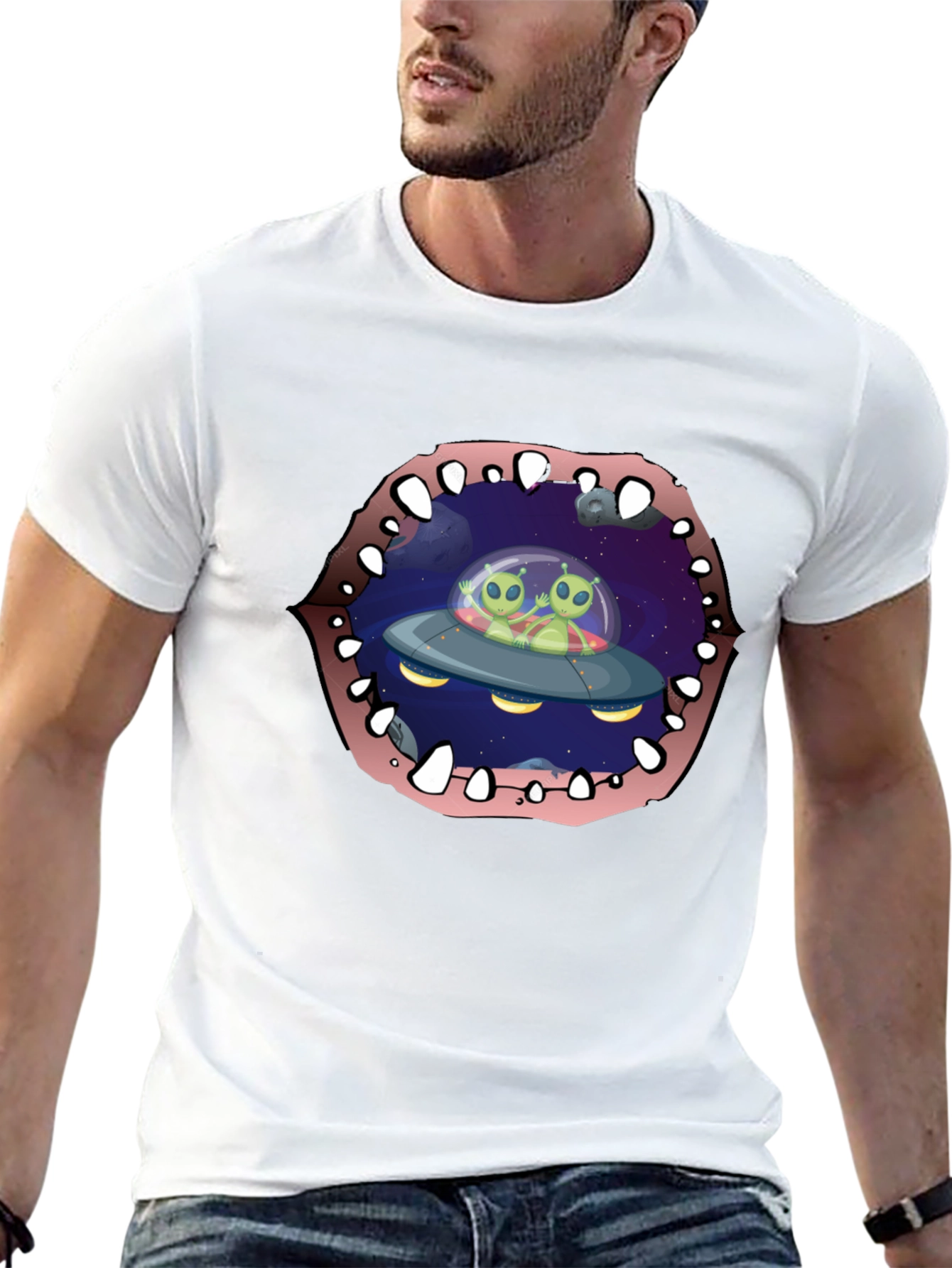 Alien Abduction T-Shirt Black Cotton Crew Neck