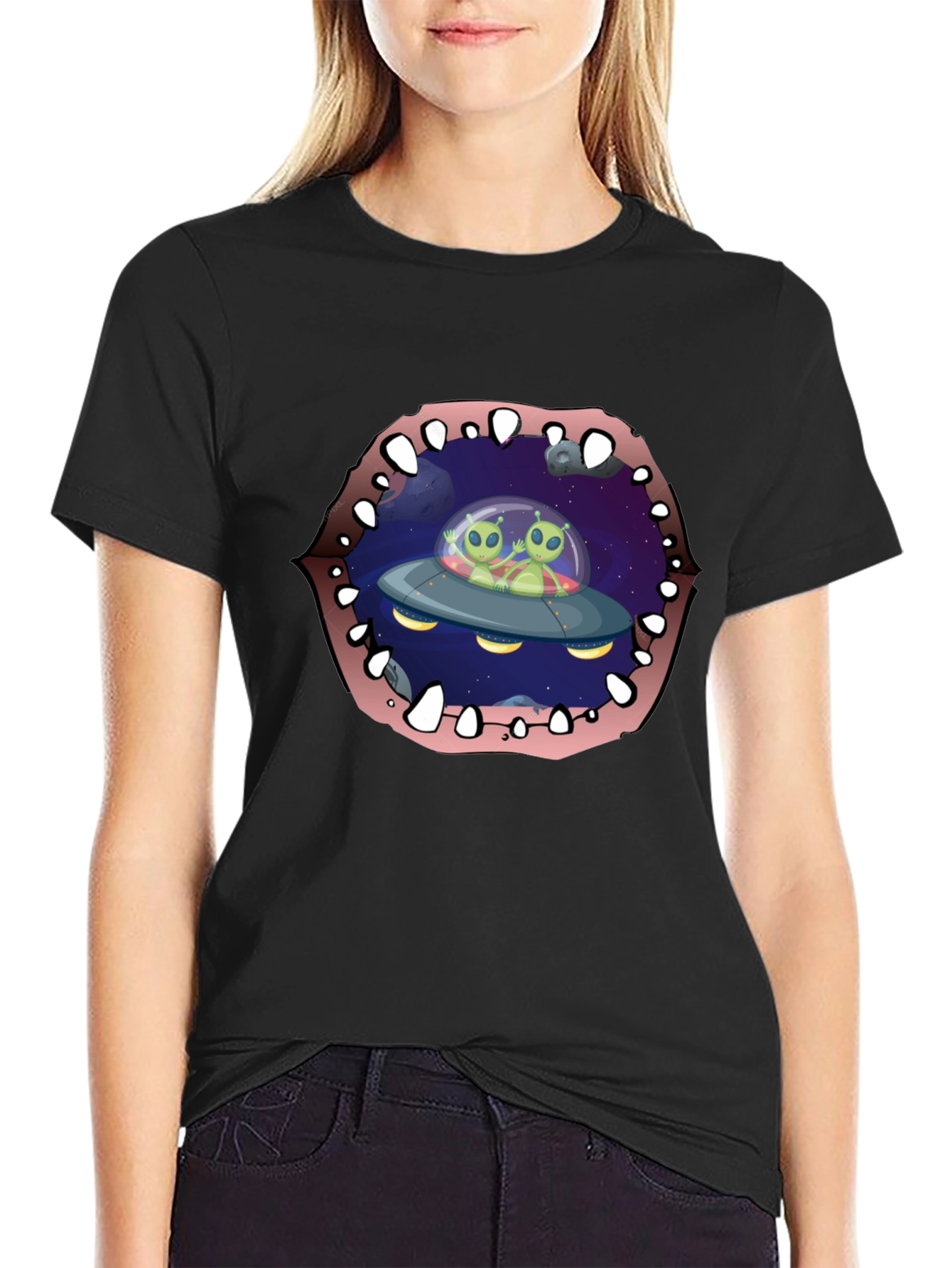 Alien Abduction T-Shirt Black Cotton Crew Neck