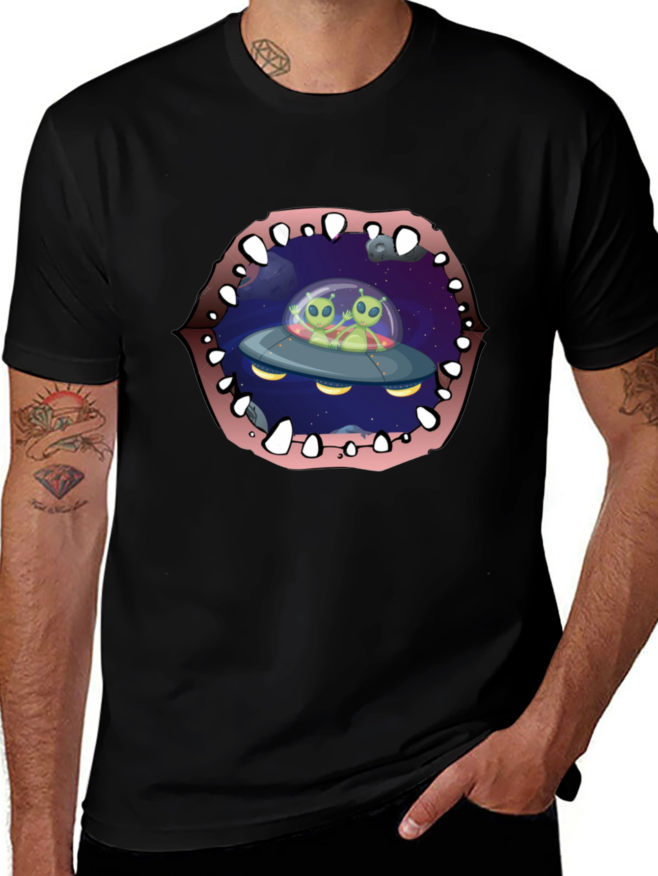 Alien Abduction T-Shirt Black Cotton Crew Neck