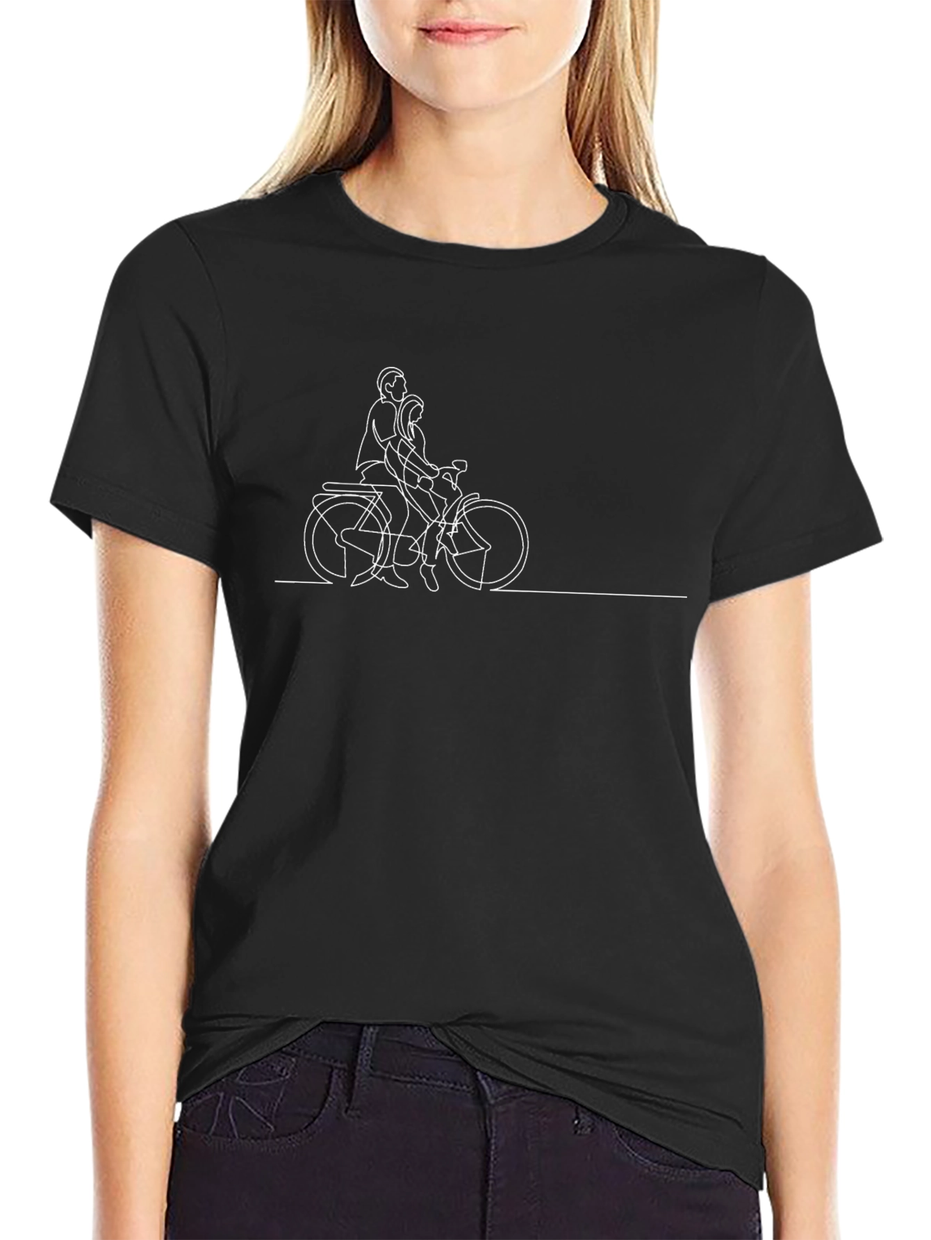 Black T-Shirt with Bicycle Couple Graphic