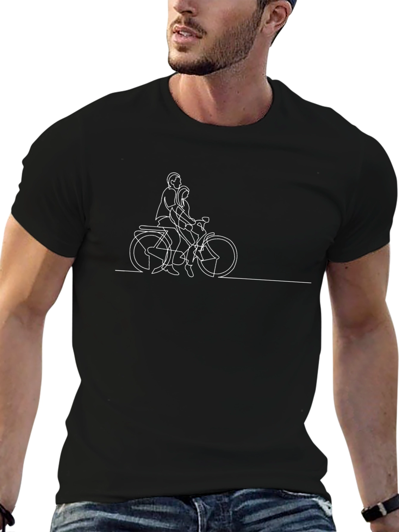 Black T-Shirt with Bicycle Couple Graphic