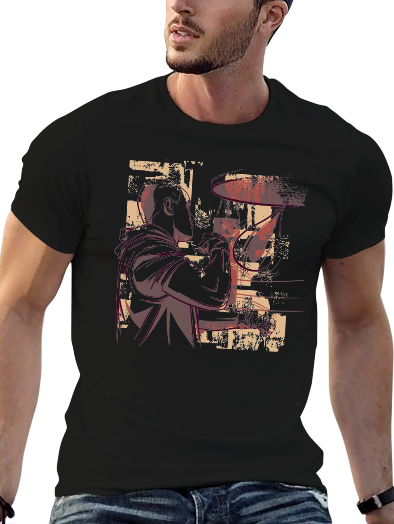 Abstract Drummer Graphic Tee - Black Cotton T-Shirt