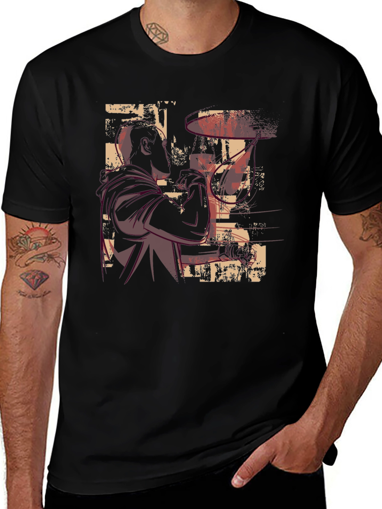 Abstract Drummer Graphic Tee - Black Cotton T-Shirt