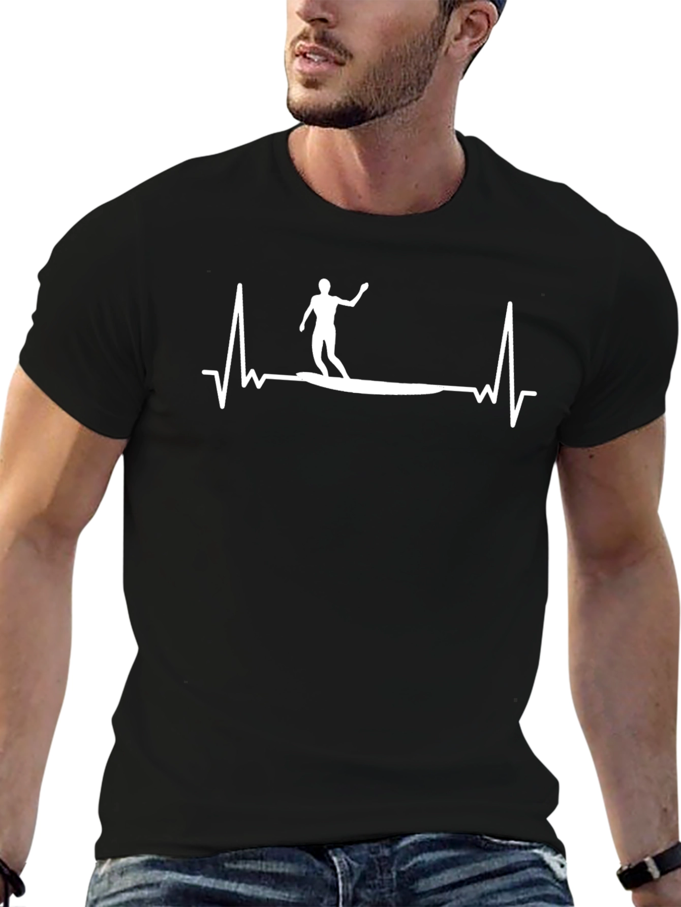 Surfer Heartbeat Graphic Tee - Black Cotton T-Shirt