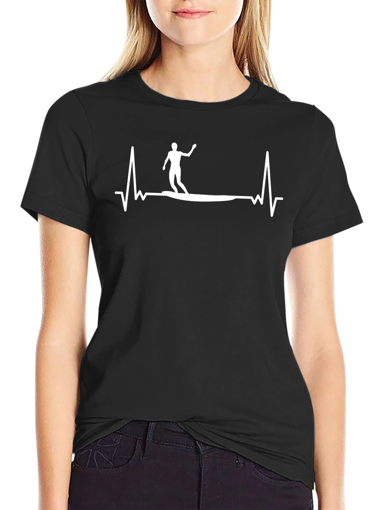 Surfer Heartbeat Graphic Tee - Black Cotton T-Shirt