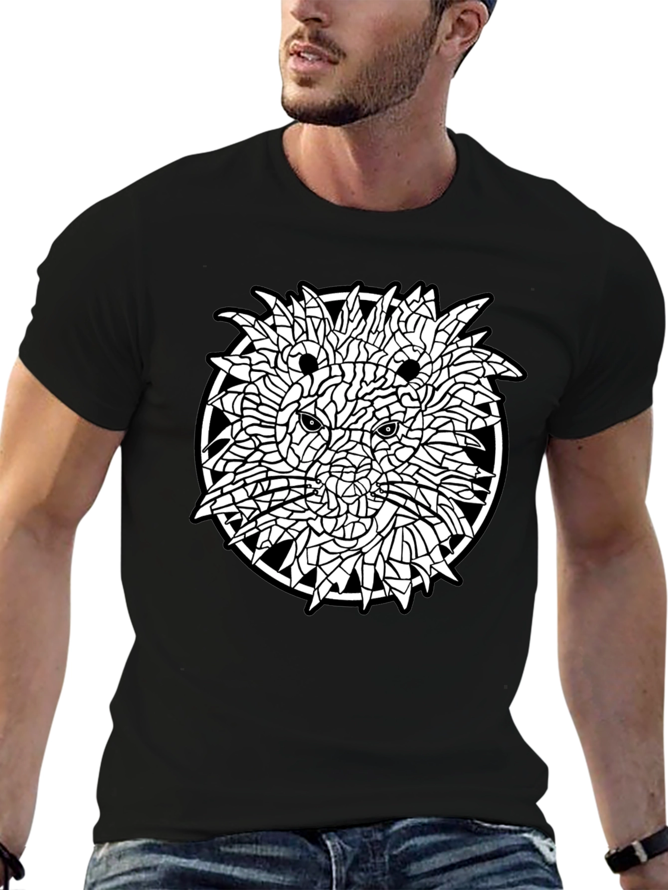 Abstract Lion Graphic Tee - Black Cotton Shirt