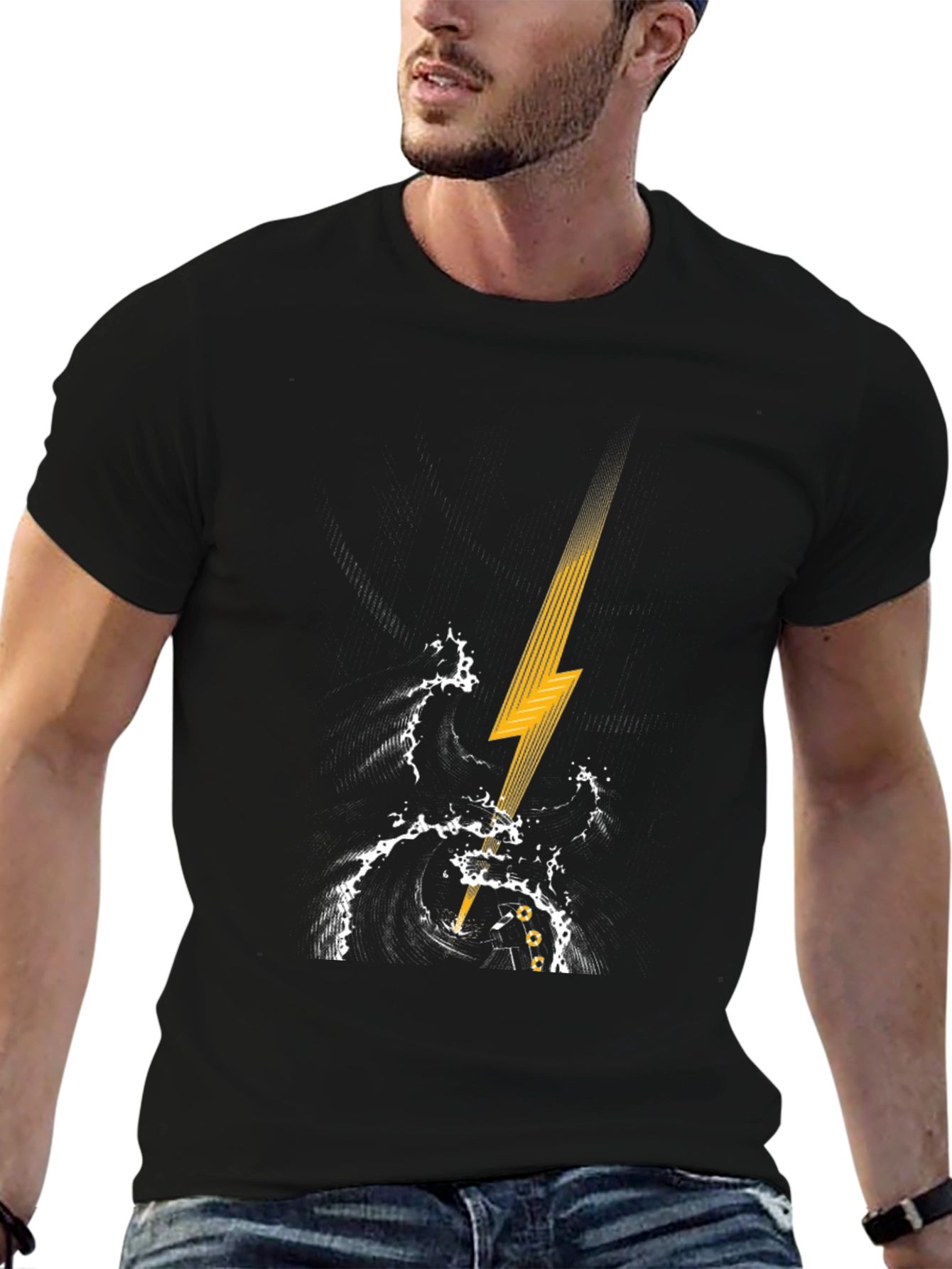 Black T-Shirt with Lightning Strike Graphic