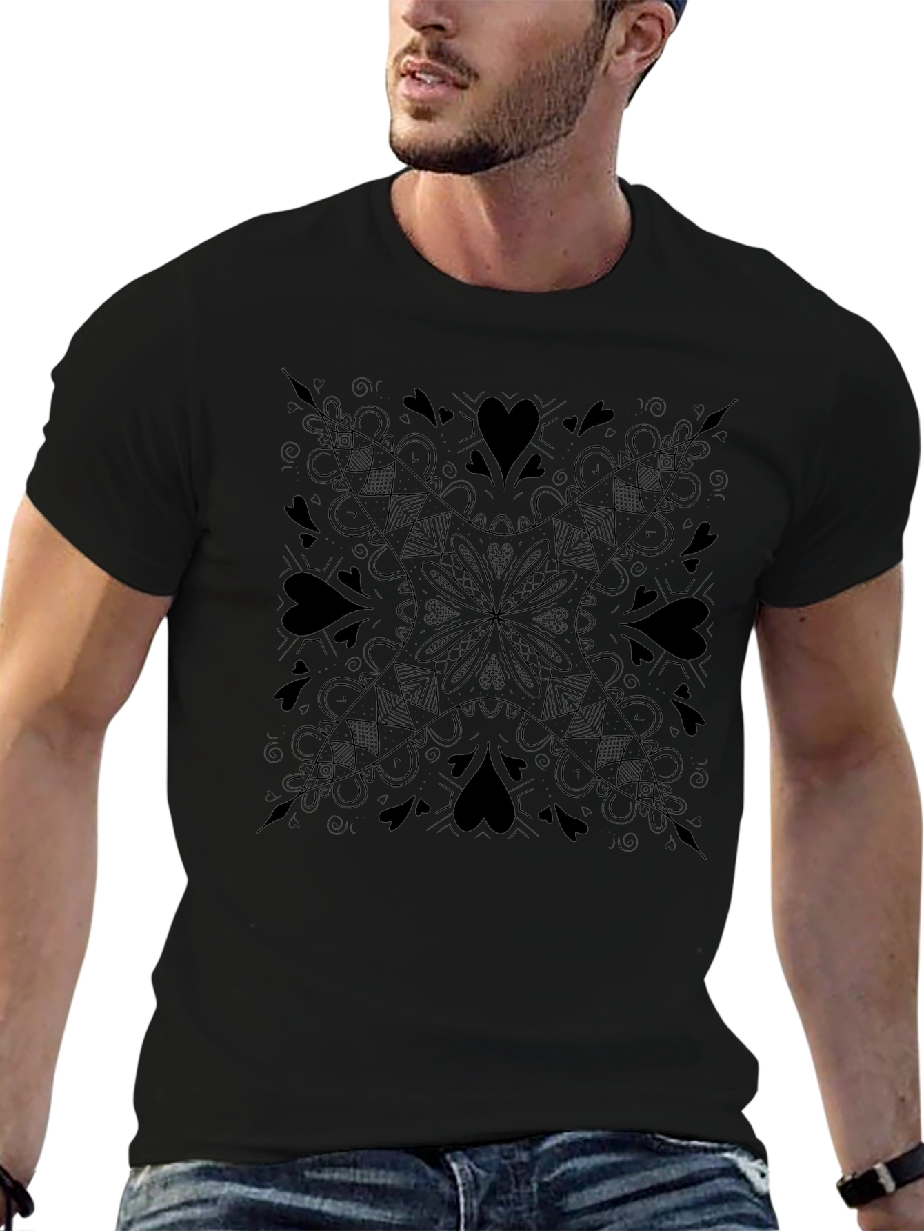 Black Tee with Heart Mandala Design