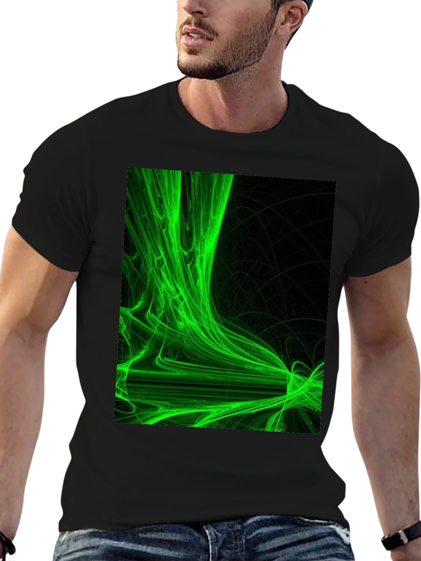 Abstract Green Graphic Black T-Shirt