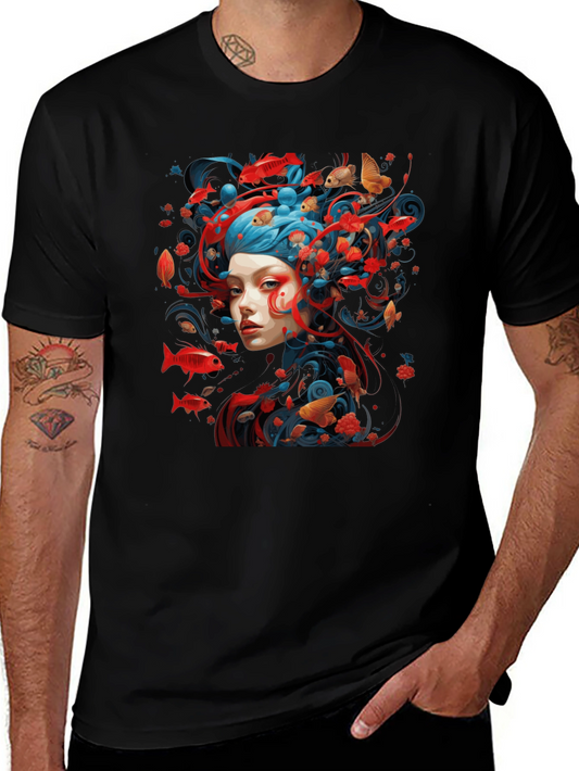 Artistic Fish Design Black T-Shirt