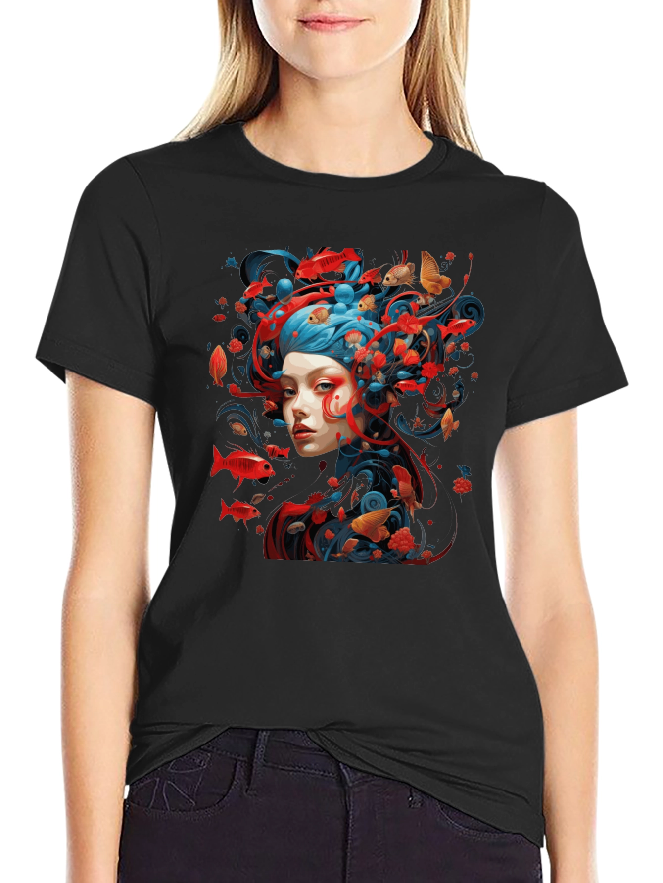 Artistic Fish Design Black T-Shirt